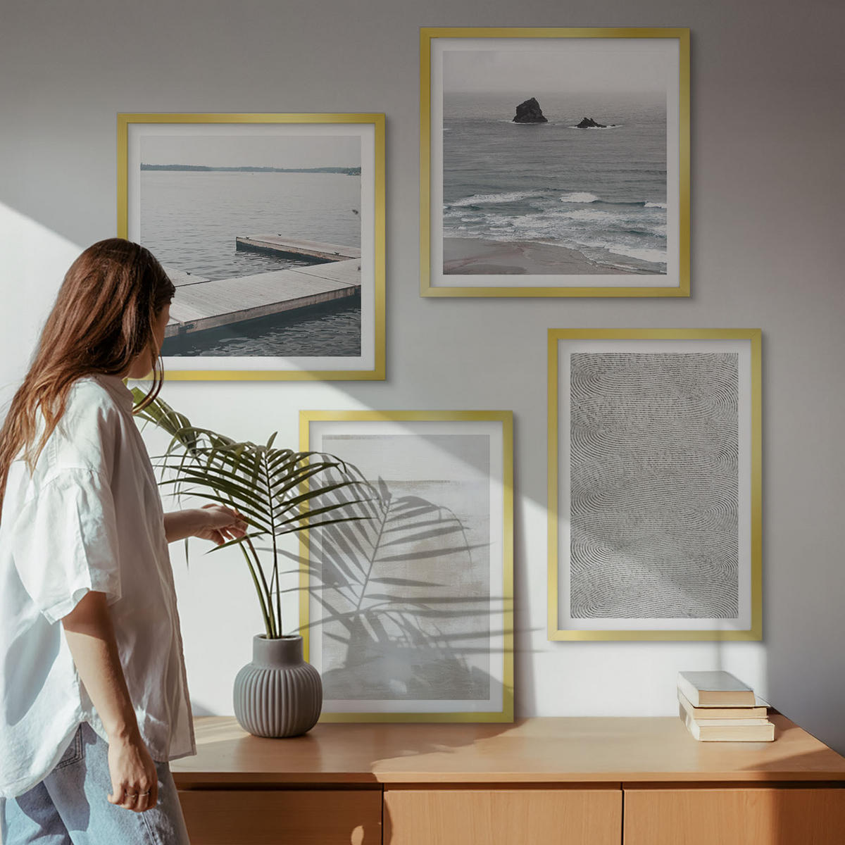 BILDER SET 4er Set - 50x50 cm & 40x60 cm Goldrahmen - Abstraktes Design, moderne Texturen - Goldfarben, Kunststoff (50/50cm) - TULUP