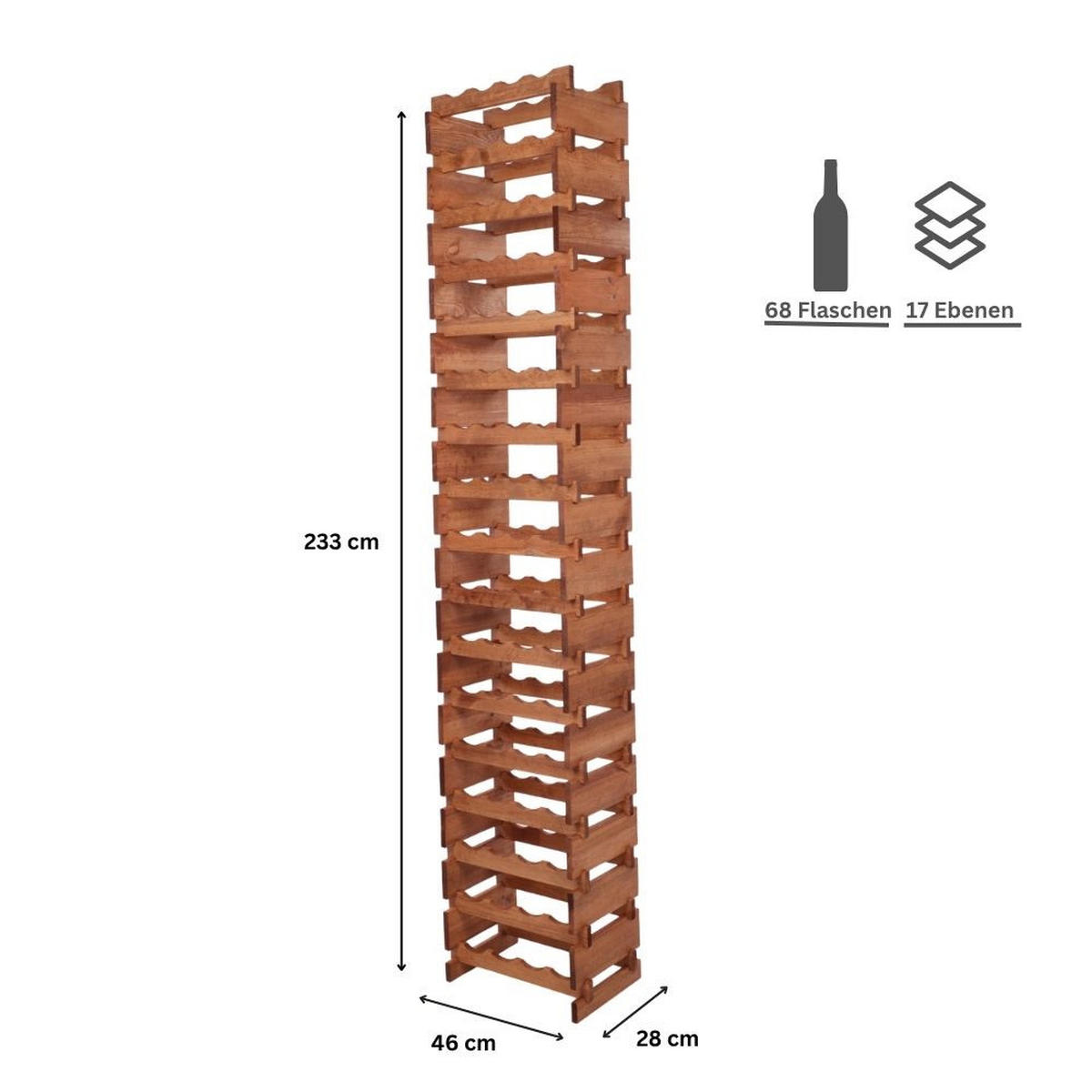 WEINREGAL VINOTECA FLEX PRO HxBxT 233x46x28cm 68 Flaschen auf 17 Ebenen Braun geölt - Braun, Holz (46/233/28cm) - PROREGAL