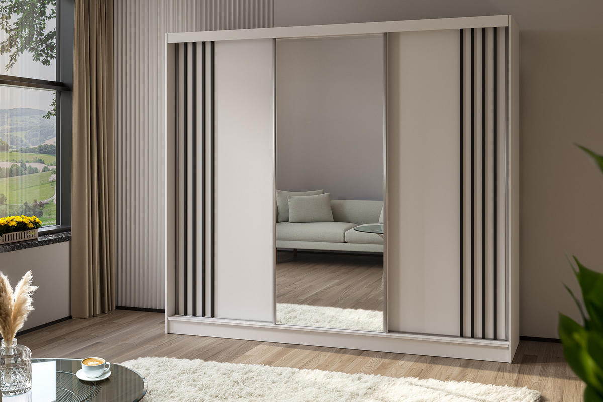 KLEIDERSCHRANK mit Spiegel-Schiebetüren und Aluminium-Leisten - NALLA - 240 cm Weiß+Weiß+Schwarz - Schwarz/Weiß, Holzwerkstoff (240/216/61cm) - ALTDECOR