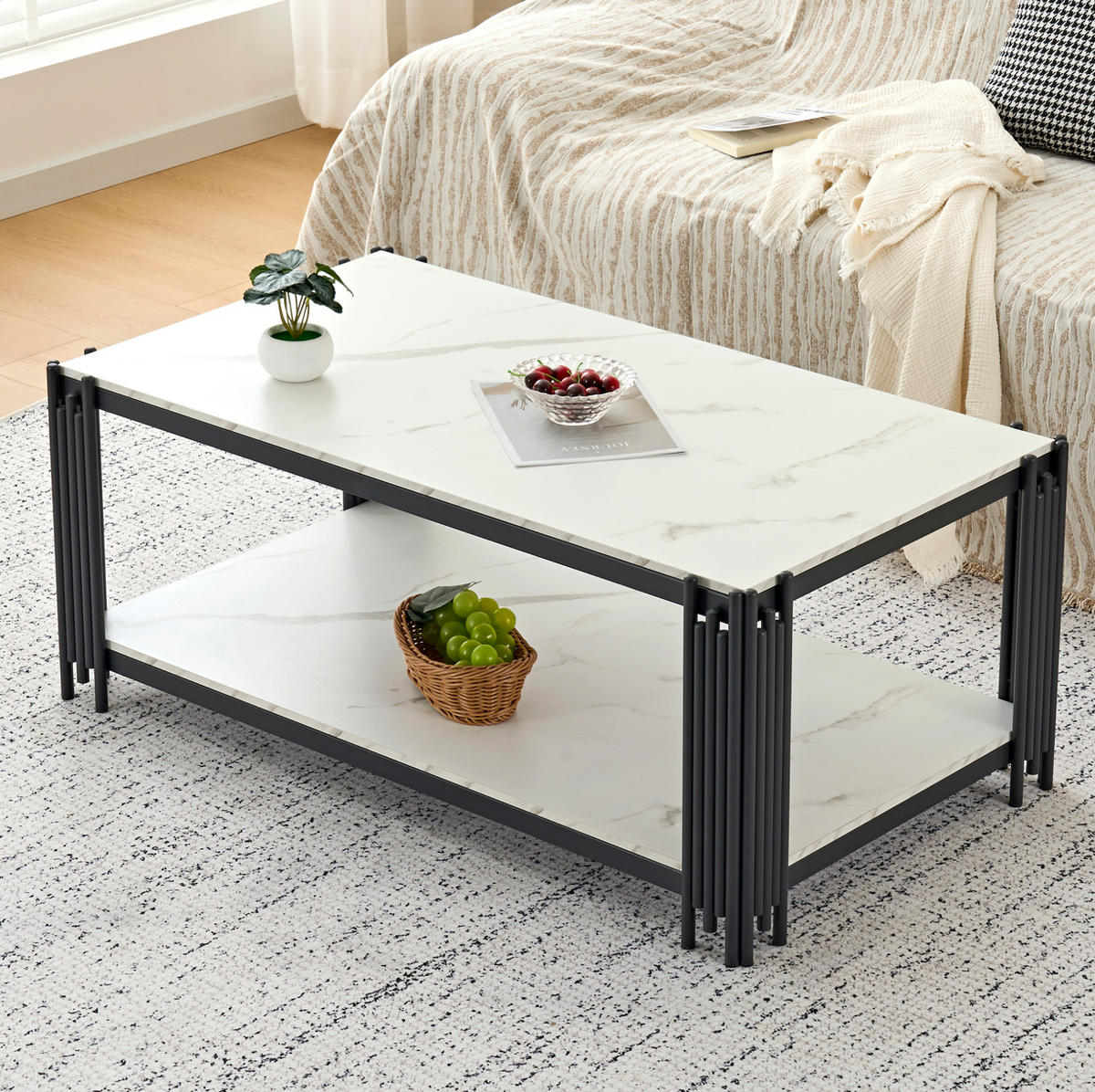 COUCHTISCH 114/64/46 cm in Weiß-Schwarz mit 2 Ablagen und Marmoroptik - Schwarz, Holzwerkstoff (114/64/46cm) - Flora Grace
