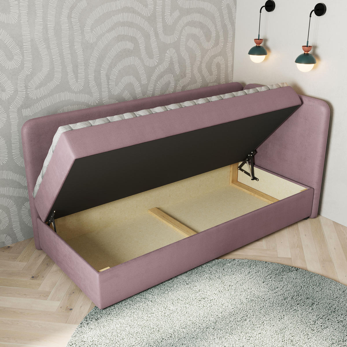 BOXBETT GINA 90x200 cm mit Matratze und Topper, H2+H3 - Rosa - Rosa, Holz (90/200cm) - MASSENO