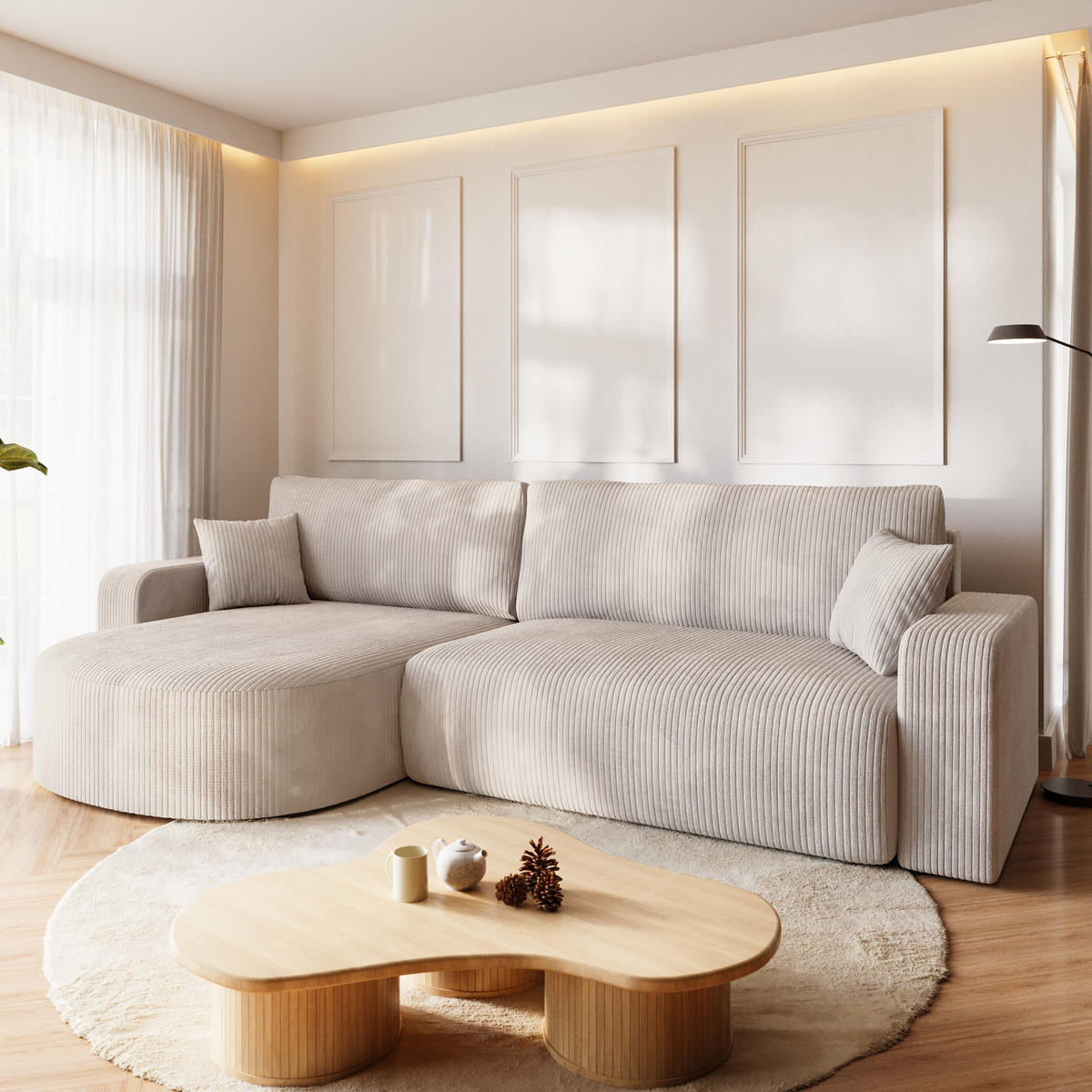 ECKSOFA Bisk mit Schlaffunktion Vanille Cordstoff - Creme, Textil (275/170cm) - Bromarkt