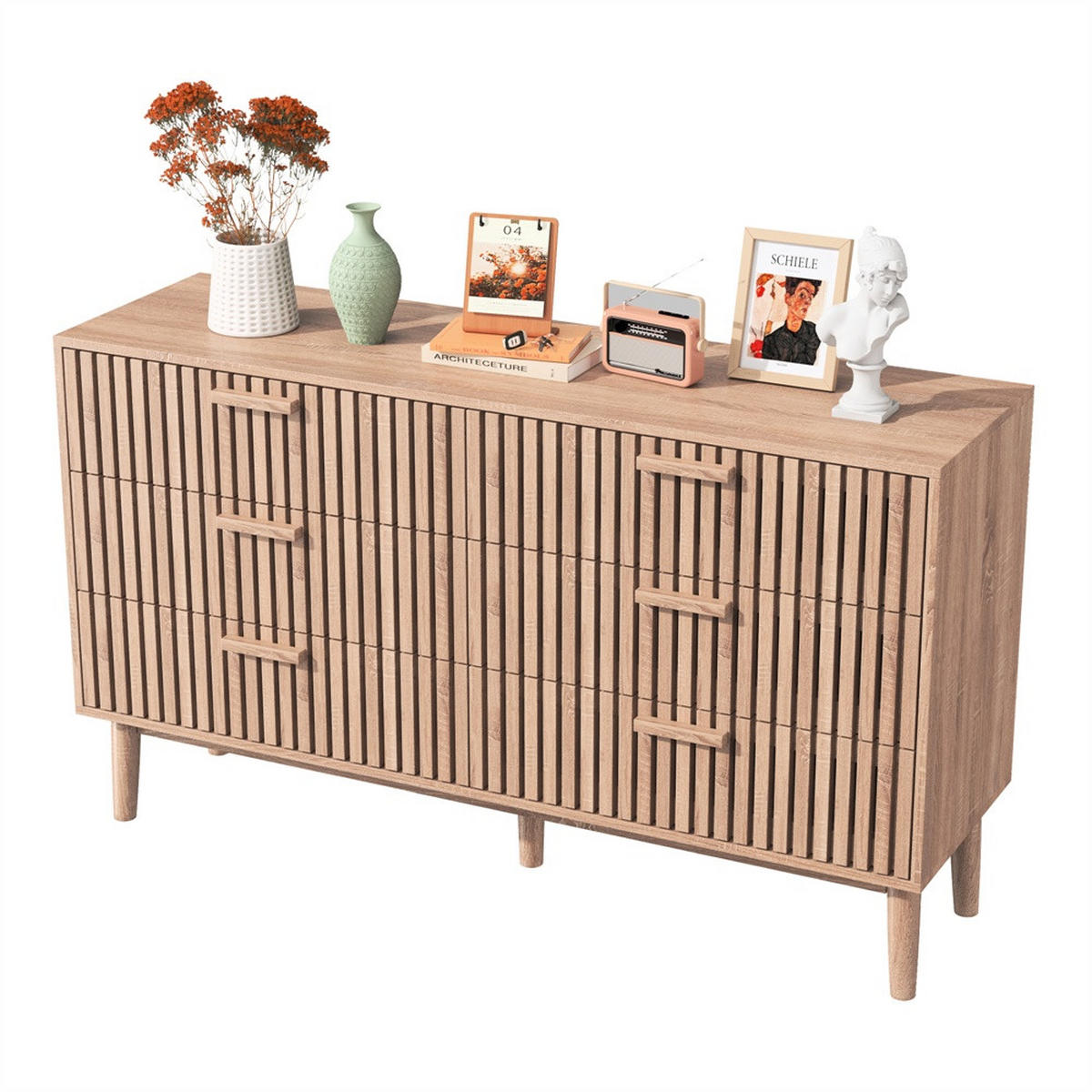 KOMMODE mit 6 Schubladen - gerillte Fronten und konische Beine - für Wohnzimmer und Schlafzimmer - Eichefarben, Holzwerkstoff (100/73/34cm) - DELFA