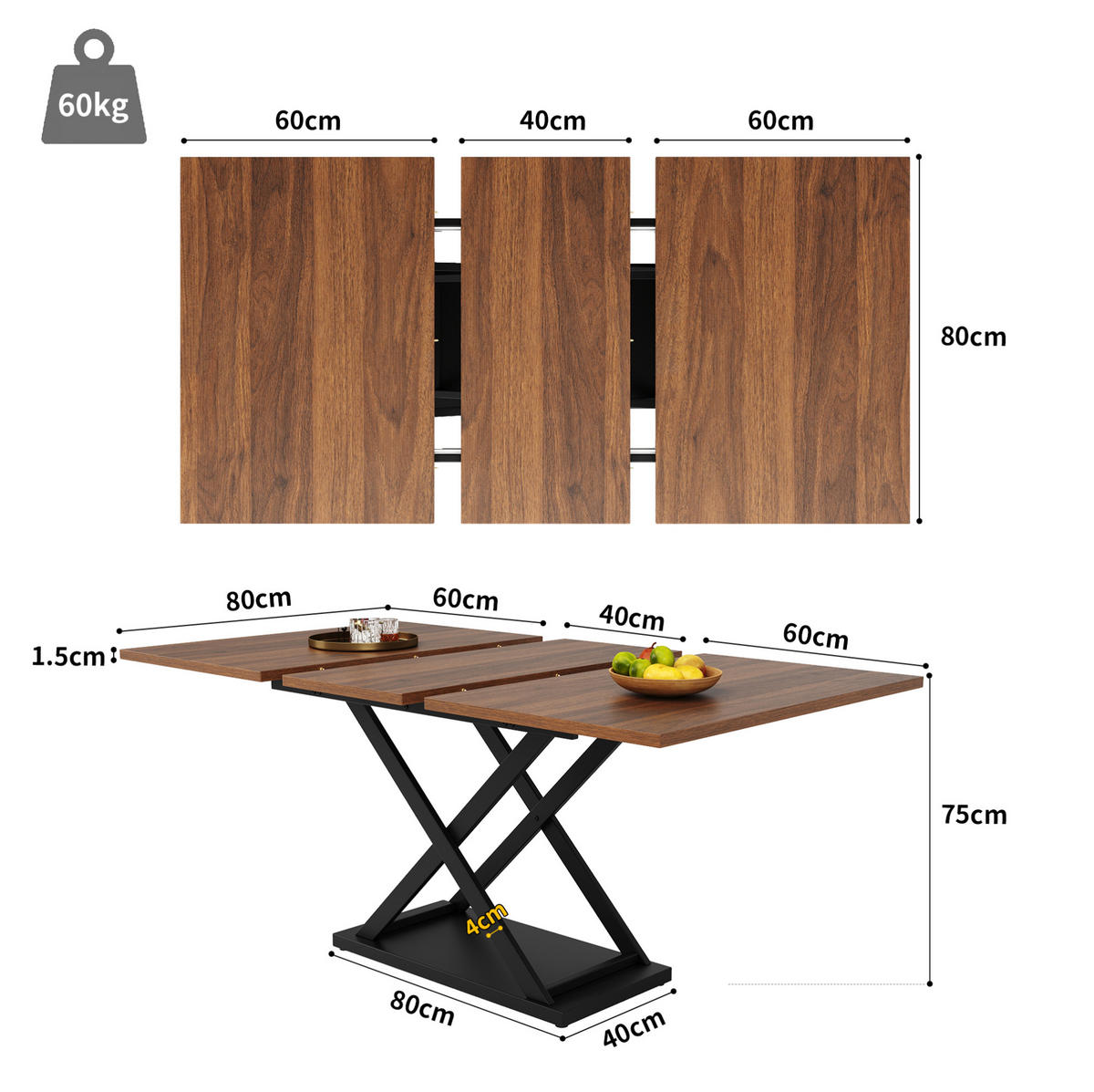 ROZKLÁDACÍ jídelní stůl 120-160/80/75 cm s teleskopickým rozkladem, křížovými kovovými nohami a odolnou deskou, Ořechová/černá - barva vlašského ořechu, kompozitní dřevo (120/80/75cm) - Redom