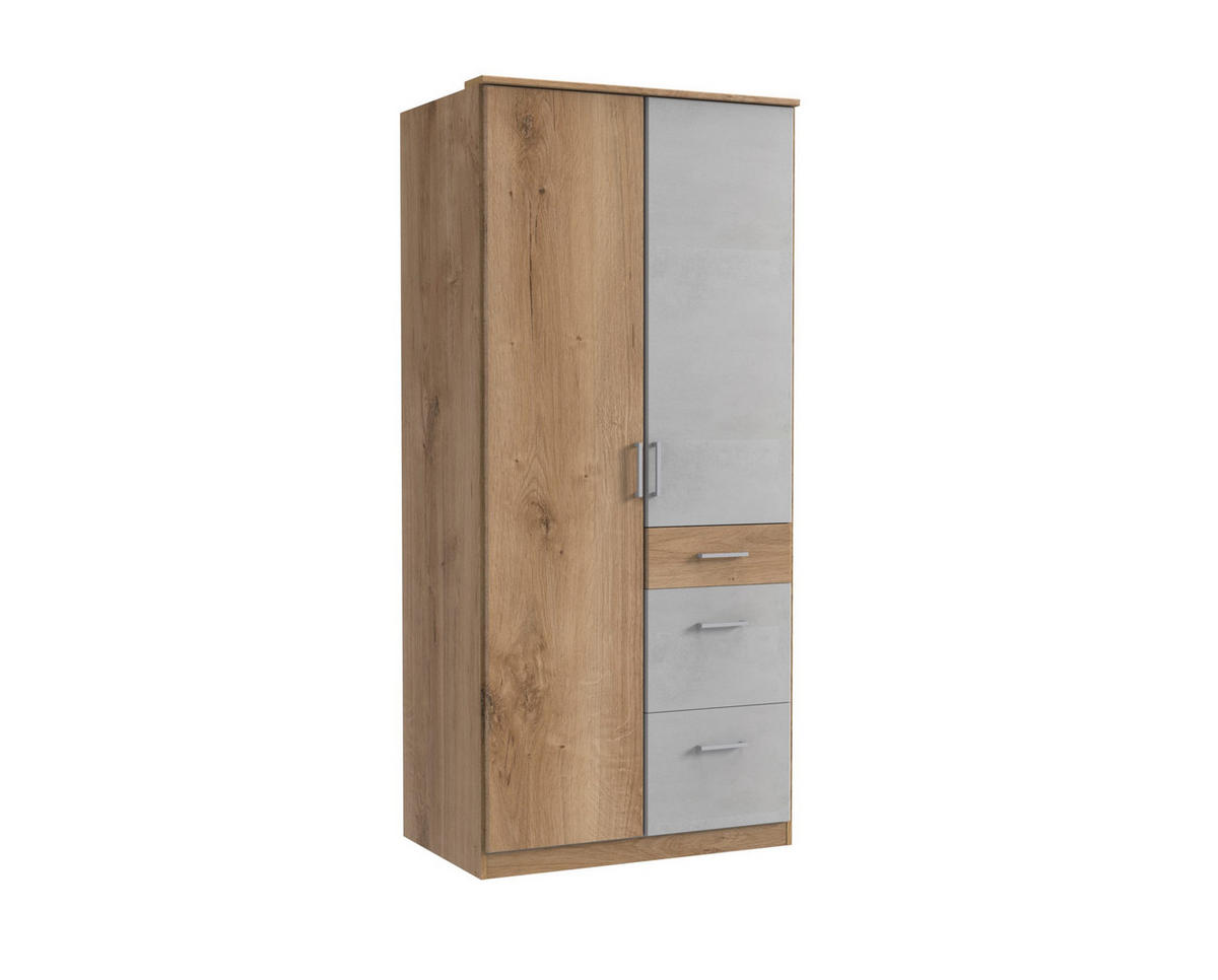 KLEIDERSCHRANK Click in Plankeneiche Beton Lichtgrau - Drehtürenschrank 91 cm Breite ohne Spiegel - Braun, Holzwerkstoff (91/199/58cm)