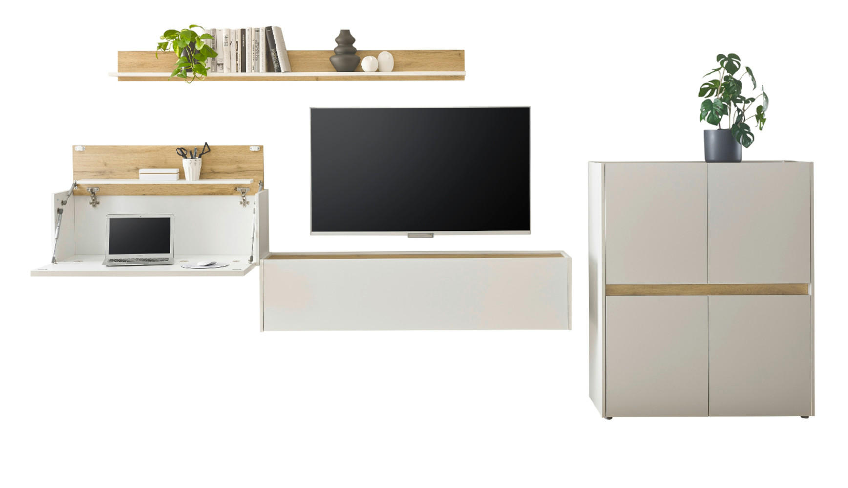 WOHNWAND weiß, Eiche Wotan 4-teilig 370 cm, Komplettset mit Sekretär - Eiche Wotan/Schwarz, Holz/Holzwerkstoff (370/170/40cm) - Furn.Design