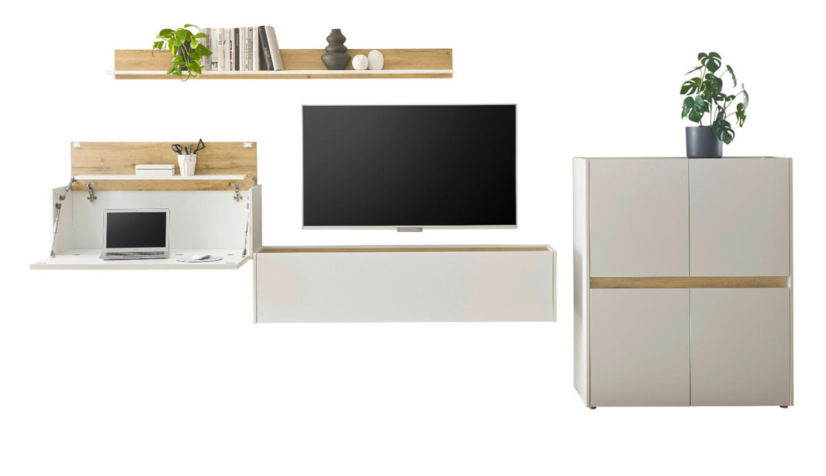 WOHNWAND weiß, Eiche Wotan 4-teilig 370 cm, Komplettset mit Sekretär - Eiche Wotan/Schwarz, Holz/Holzwerkstoff (370/170/40cm) - Furn.Design