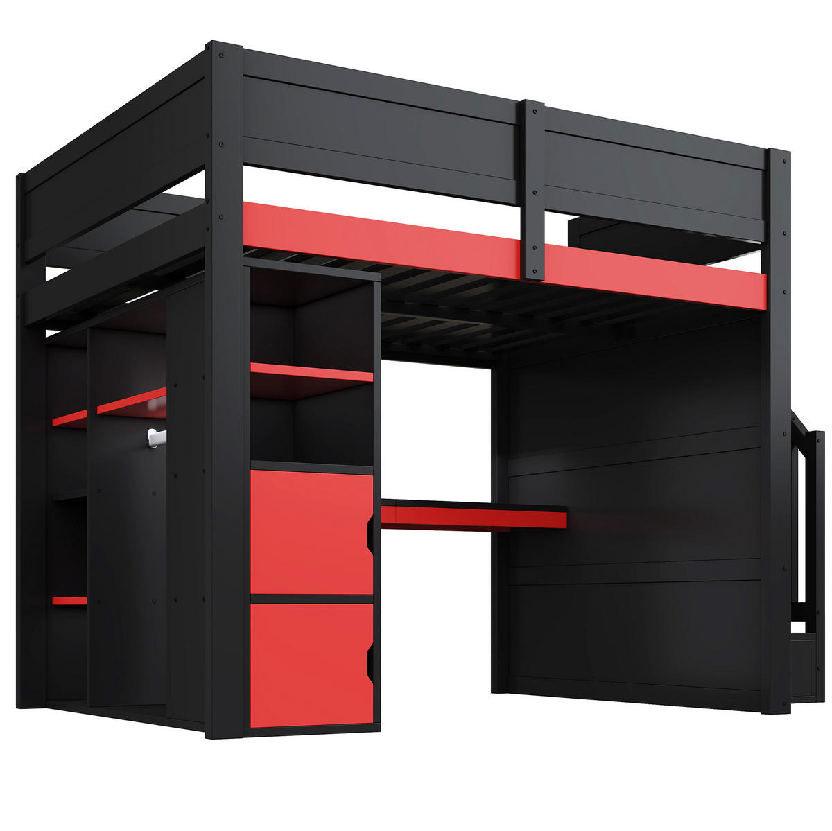 HOCHBETT mit Schreibtisch 140/200 cm in Schwarz/Rot – mit Stauraum und LED - Schwarz, Holzwerkstoff (140/200cm) - BEAOK