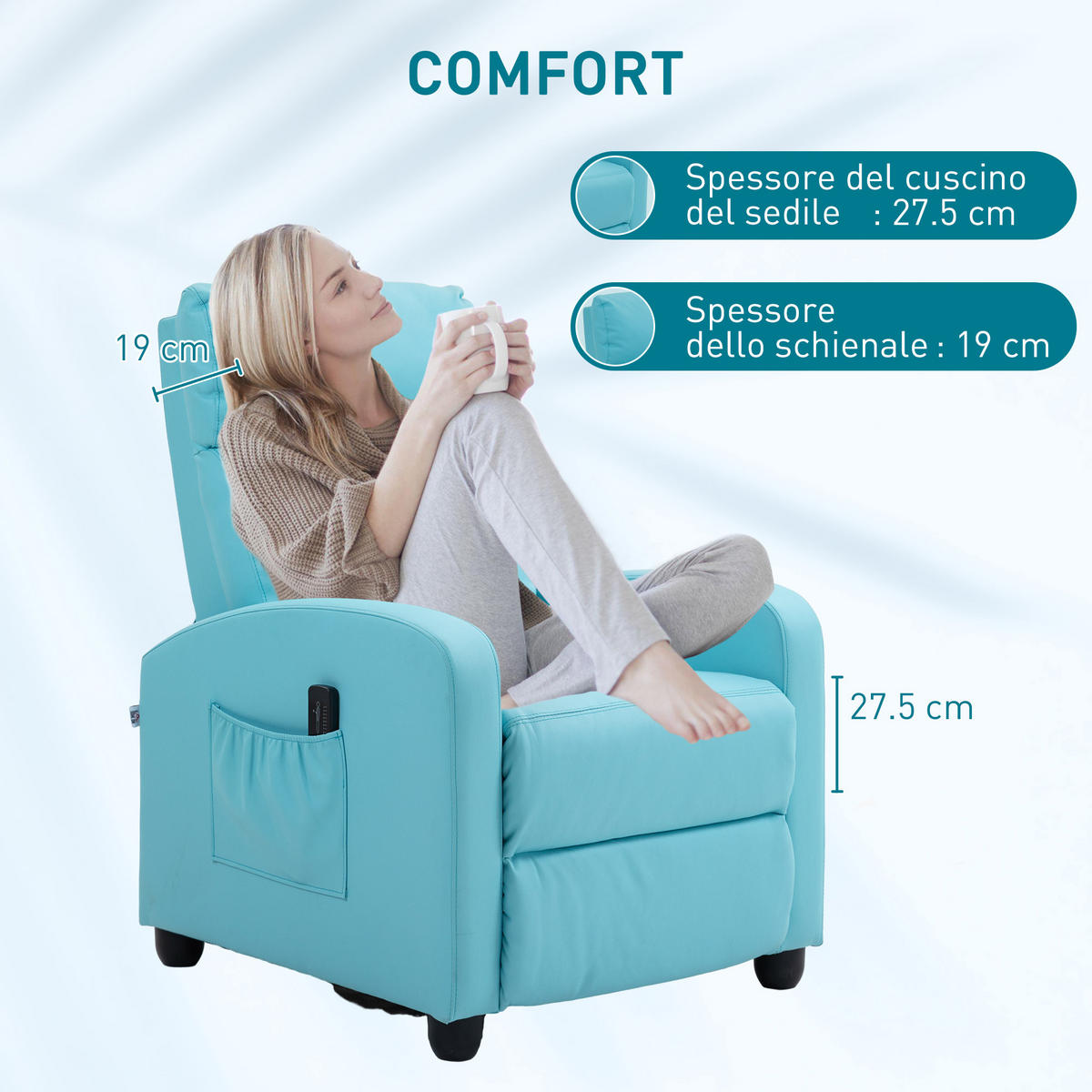 MASSAGESESSEL,8 Programme Fernbedienung Liegefunktion Fußstütze,blau - Blau, Leder (88/98/68cm) - Vallsero
