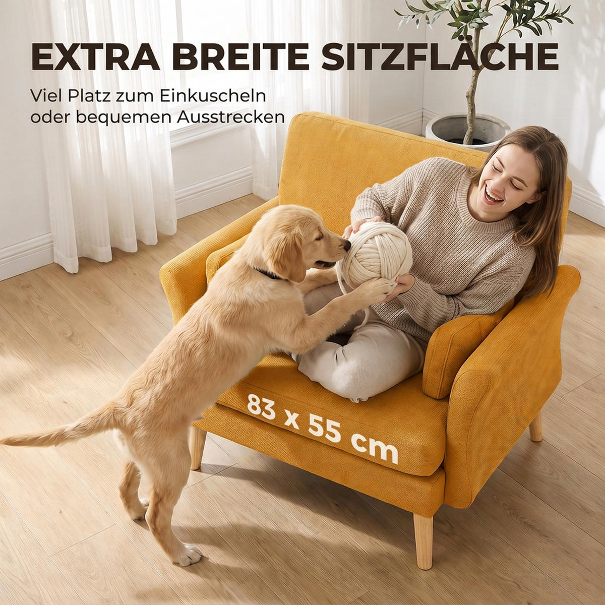 SESSEL Polyester Kautschukholz Gelb - Gelb/Schwarz, Holz/Textil (80/88/103cm) - HOMCOM