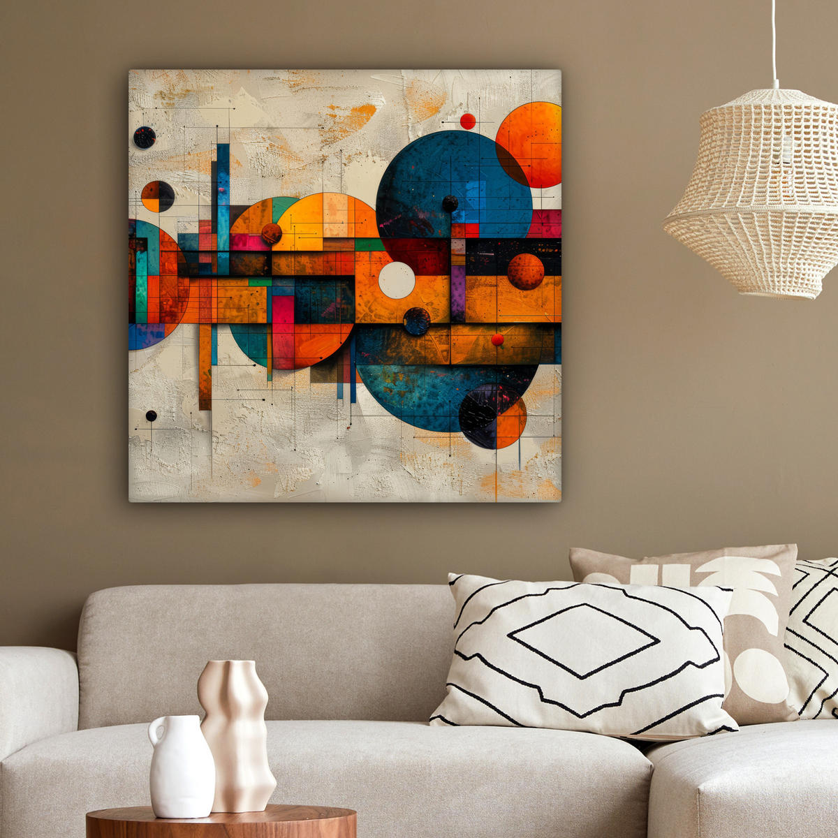 LEINWANDBILD - Vintage - Moderne Kunst - Orange - Geometrische Formen - 90x90 - Gemälde - Multicolor, Textil (90/90cm) - MuchoWow