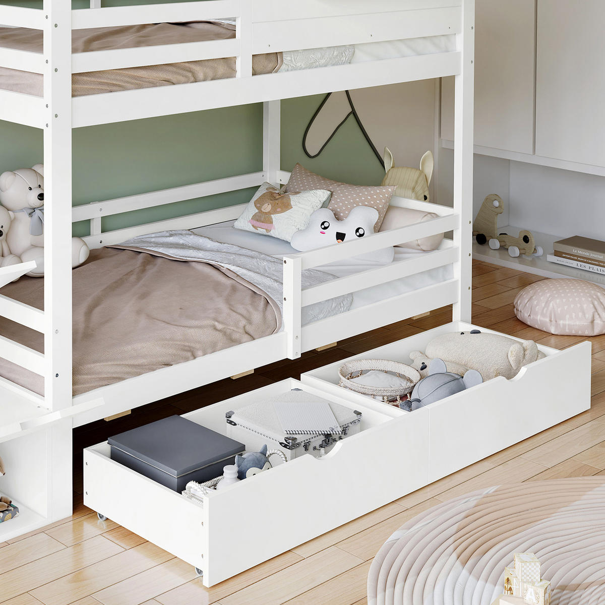 ETAGENBETT 90/200 cm & 90/200 cm in Weiß & Natur mit 4 Schubladen, Treppe und Fenster im Hausdesign - Weiß/Naturfarben, Holzwerkstoff (90/200cm) - STILVORA