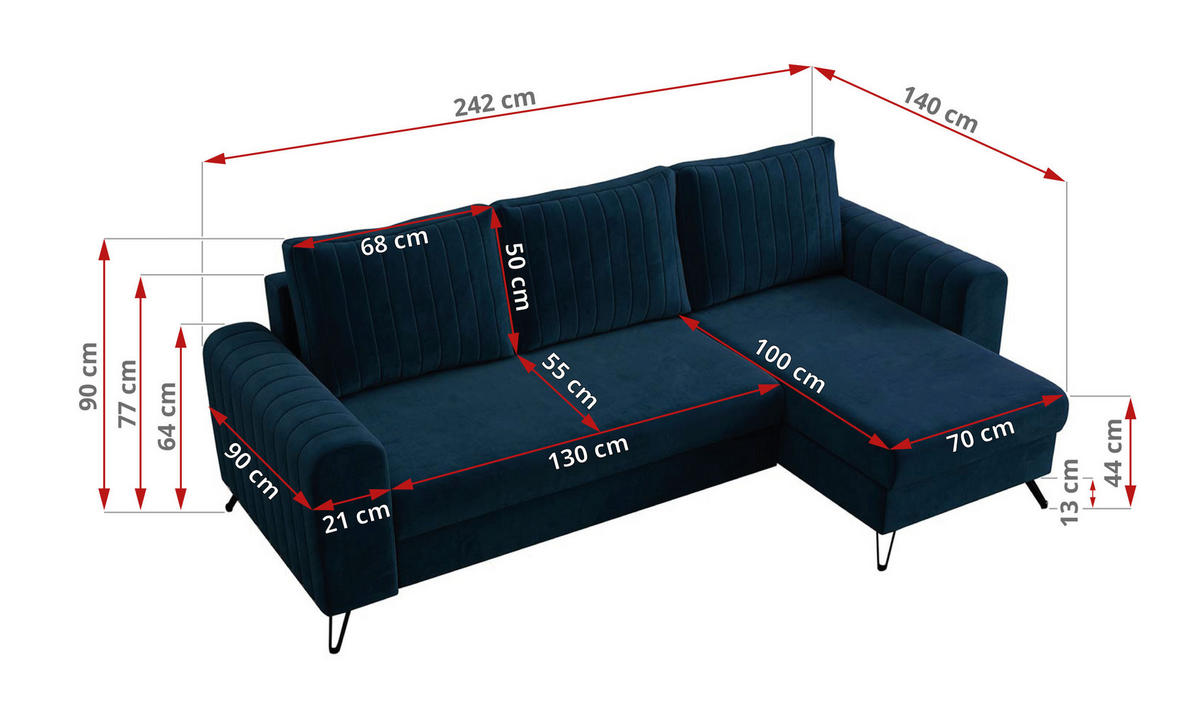 ECKSOFA Axel Velvet Dunkelblau - Schwarz/Dunkelblau, Textil/Metall (242/140cm) - MKS