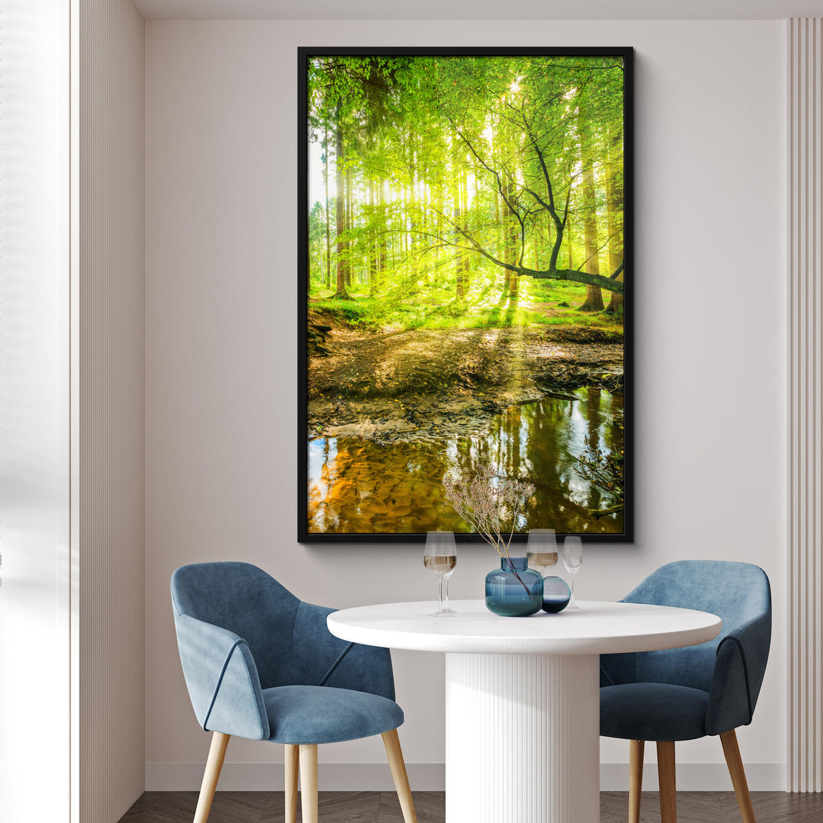 GERAHMTES BILD Wald - Landschaft - Wasser - Bäume - Sonne - Grün - Natur 80x120 cm - Grün, Papier (80/120cm) - MuchoWow