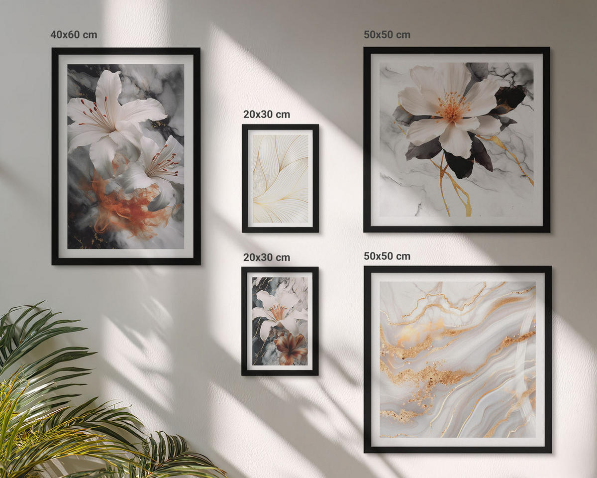WANDBILDER 5er-Set - 50x50 cm & 20x30 cm & 40x60 cm Schwarzer Rahmen - Blumen Marmor weiß schwarz - Schwarz, Kunststoff (40/60cm) - ArtPrintCave