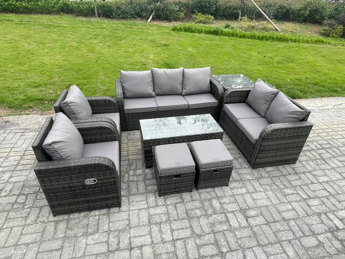 GARTENSOFA SET mit rechteckigem COUCHTISCH Polyrattan 9-Sitzer Dunkelgrau - Dunkelgrau/Grau, Glas/Kunststoff - Fimous