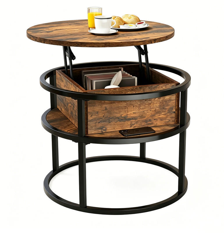 COUCHTISCH rund Höhenverstellbar 60x60x47 cm versteckter Stauraum - Braun, Holz (60/60/62.5cm) - Kaket