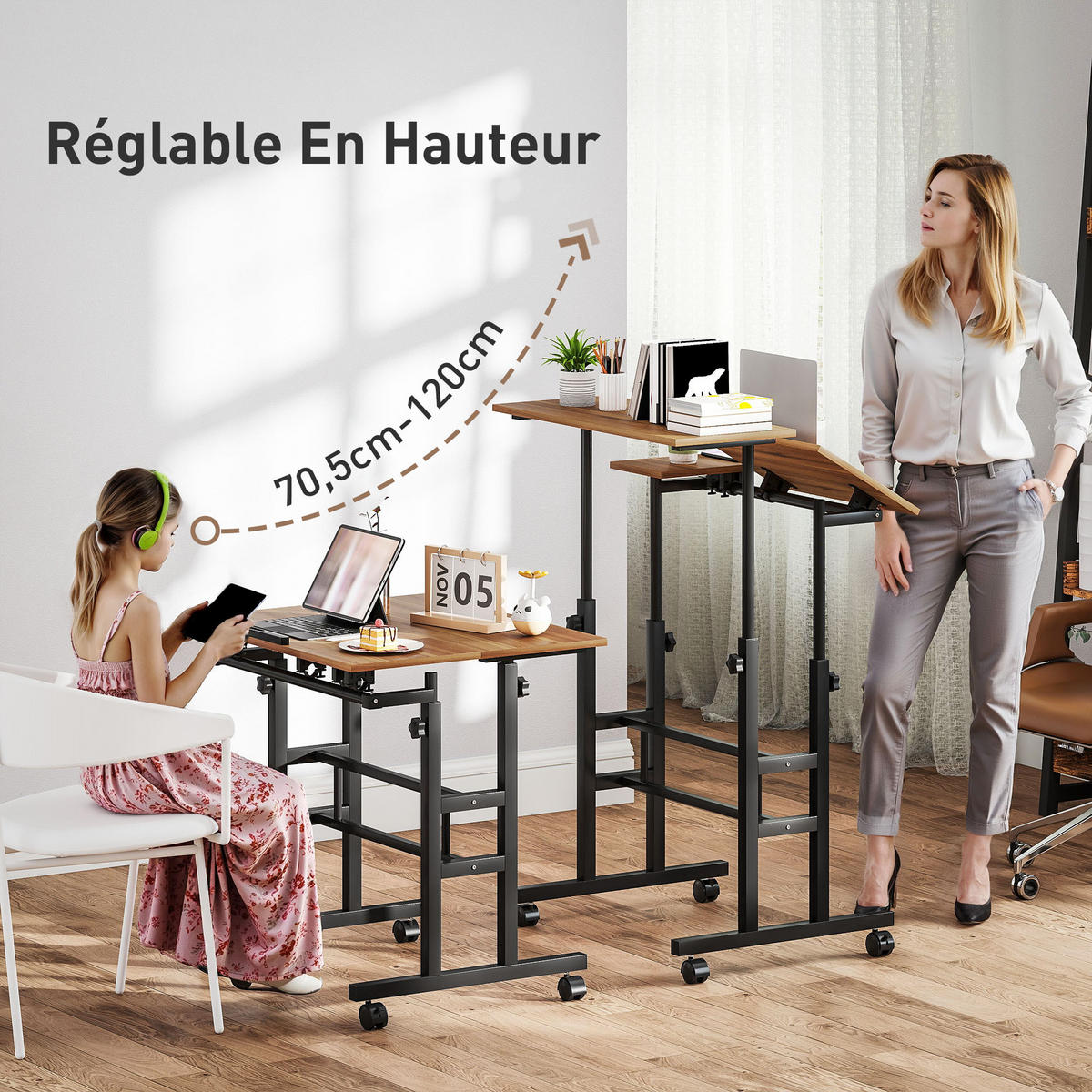 COMPUTERTISCH Braun höhenverstellbar mit neigbarer Arbeitsplatte und Rollen 70/60/70,5-120 cm - Braun, Holzwerkstoff (60/70/120cm) - PANGIVO