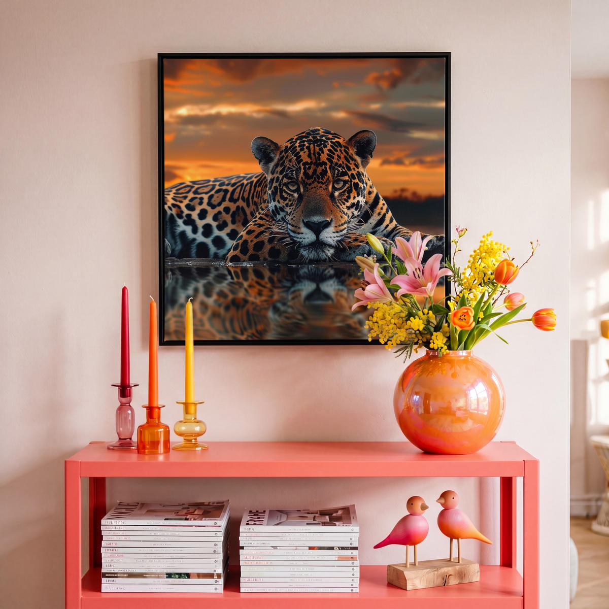 LEINWAND Bilder mit Rahmen - Natur - Leopard - Tier - Sonnenuntergang - Modern - 50x50 - Orange, Textil (50/50cm) - MuchoWow