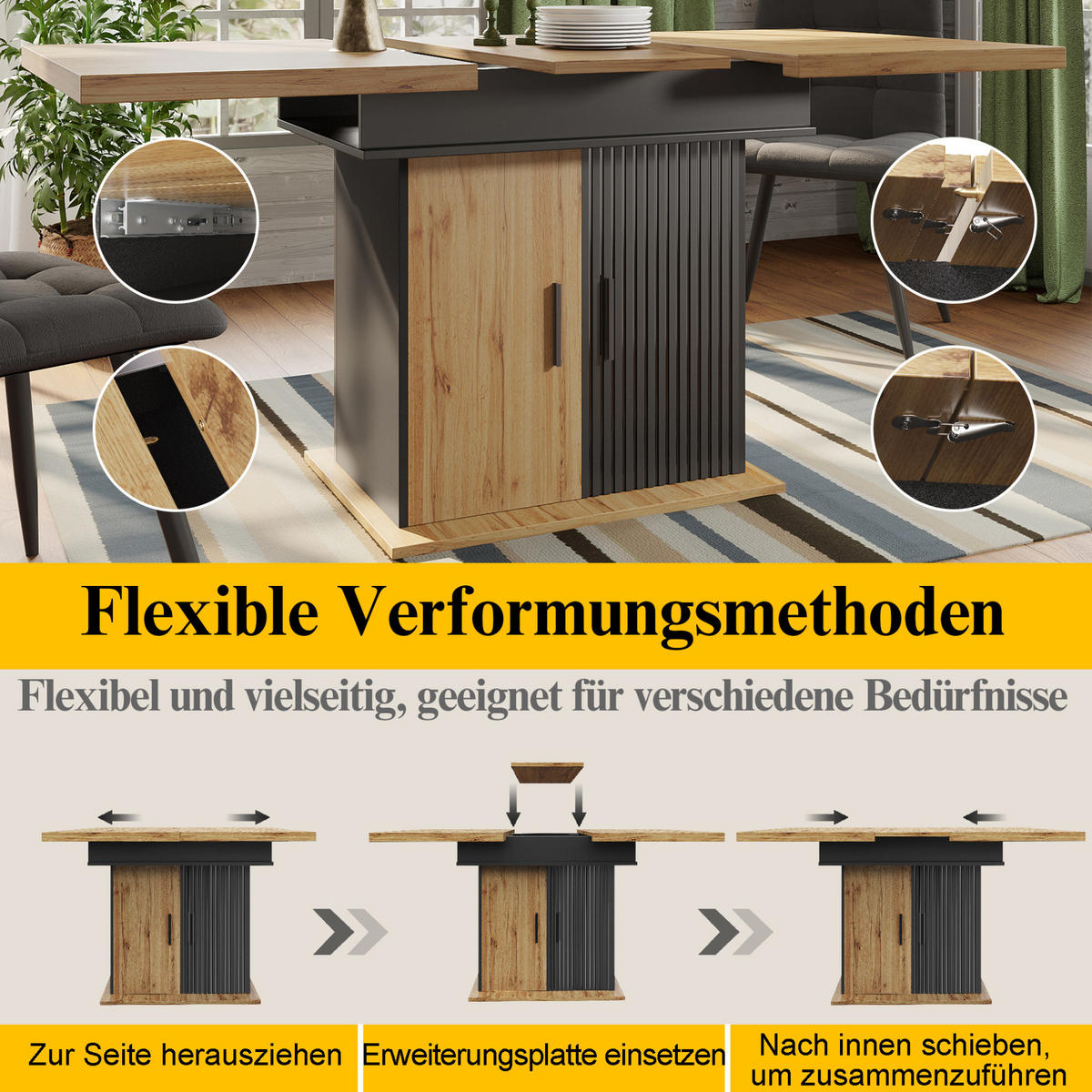 ESSTISCH 110-140/75/80 cm Schwarz/Natur aus MDF mit Auszugsfunktion - Schwarz, Holzwerkstoff (110/80/75cm) - OKMYHOME