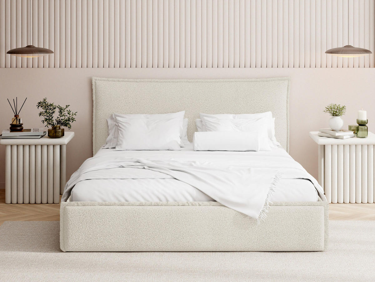 POLSTERBETT Pillow mit Bettkasten, Lattenrost & hohem Kopfteil in Creme Bouclé 120x200 cm - Birkefarben/Creme, Holz/Kunststoff (120/200cm) - WFL GROUP