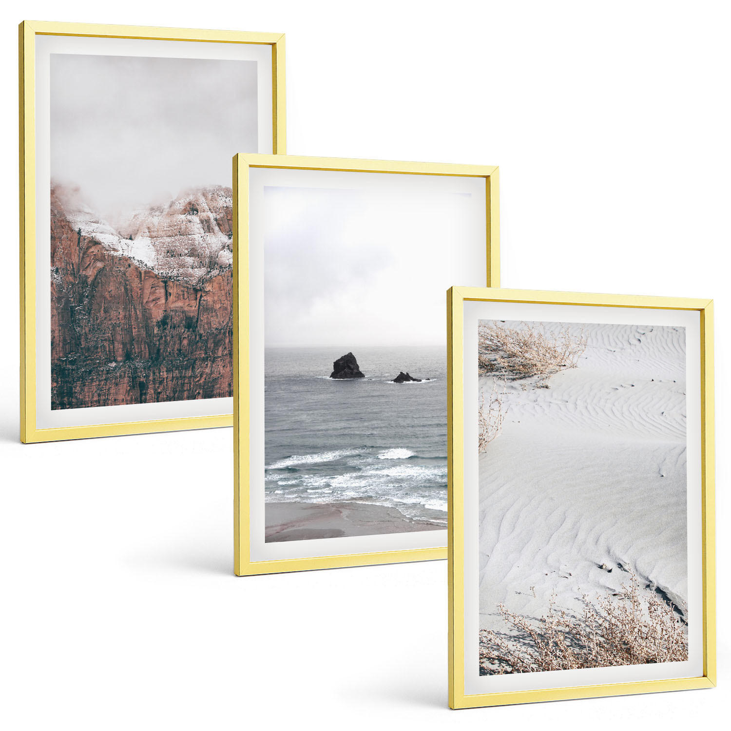 BILDER SET 3er Set - 40x60 cm Goldrahmen - Berge, Wolken, Meer, Sand, Natur - Goldfarben, Kunststoff (40/60cm) - TULUP