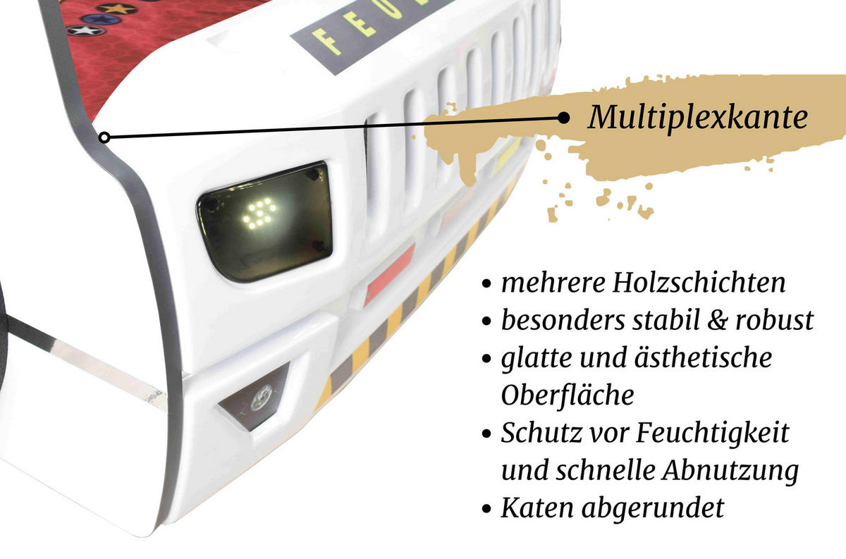 AUTOBETT Firetruck für Kinder 90x200 mit LED Leuchte und Lattenrost - Weiß, Holzwerkstoff (90/200cm) - Aileenstore