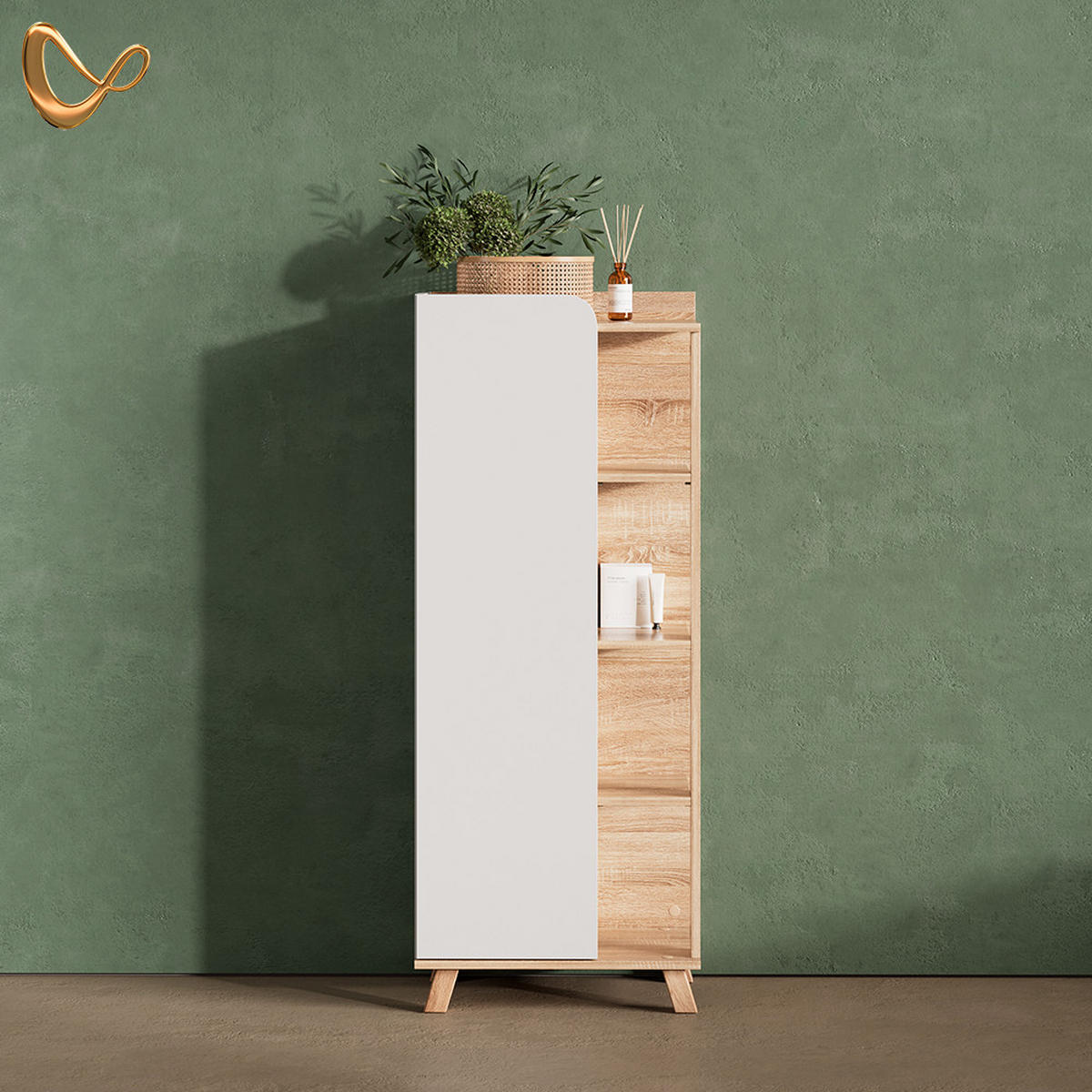 MIDISCHRANK Marano Sonoma/Weiß 50 x 128 cm mit Tür und offenen Fächern - Weiß/Sonoma Eiche, Holzwerkstoff (50/128/35cm) - Livinity®