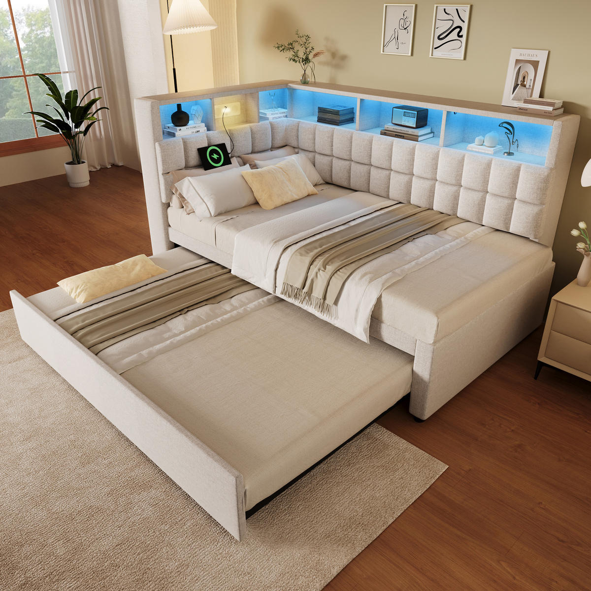 AUSZIEHBETT 90/200 cm DE-00770, in Beige, LED und L-Kopfteil - Beige, Holz (90/200cm) - ComfortXL