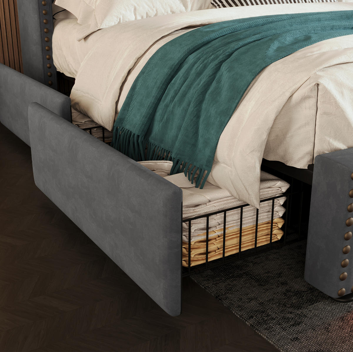 BETT mit Matratze, 4 Schubladen, LED & USB-C 140x200 cm Samt Grau - Grau, Metall (140/200cm) - Meubliv