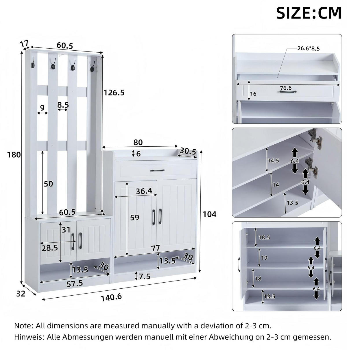 GARDEROBENSET 140/30,5/180 cm aus Spanplatte mit Schuhschrank, Bank und 4 Haken Weiß - Weiß, Holzwerkstoff (140.6/180/30.5cm) - Modenvie