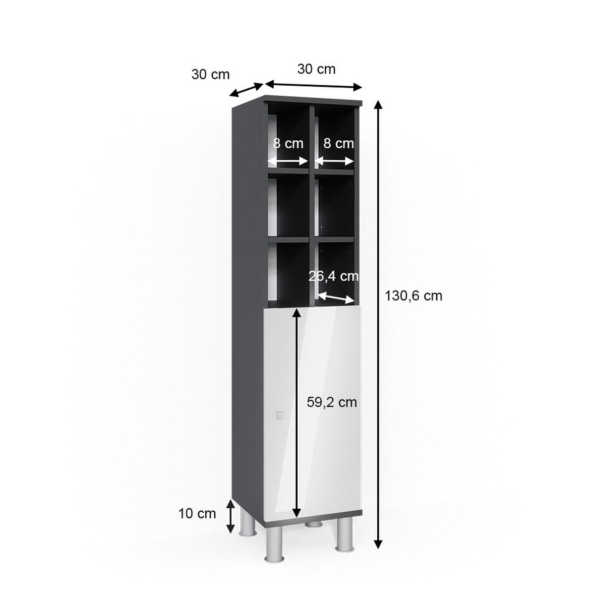 MIDISCHRANK Fynn Weiß Hochglanz 30 x 130.6 cm große Tür - Weiß Hochglanz, Holzwerkstoff (30/130.6/30cm) - Vicco
