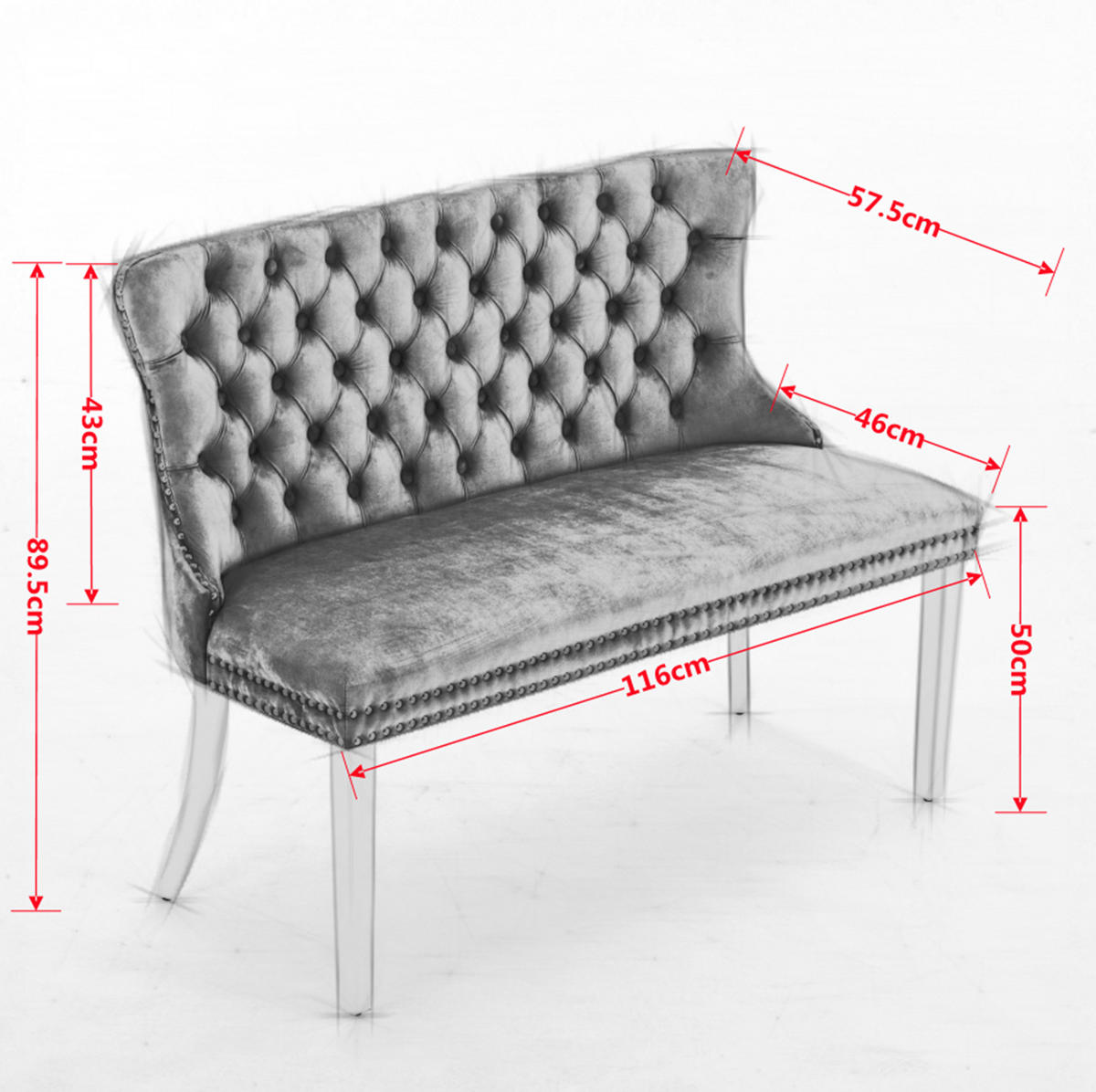 ESSZIMMERBANK 2-Sitzer Samt Grau mit Edelstahlbeinen - Grau, Metall (116/89.5/58cm) - Meubliv