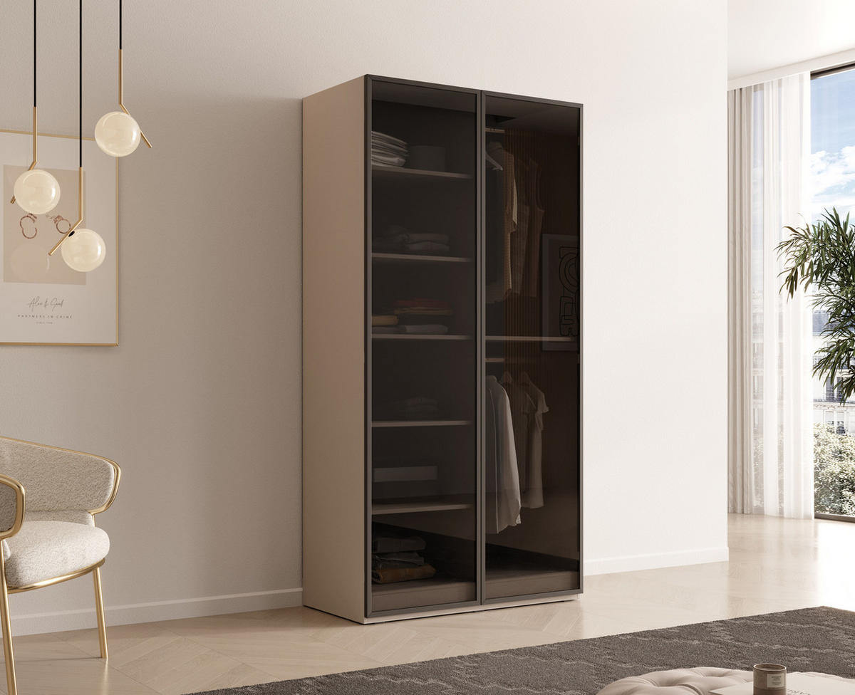 KLEIDERSCHRANK ZEN (Modular, Cashmere Matt, Getöntes Glas Antisol, 2-türig) - Kaschmir/Schwarz, Holz/Holzwerkstoff (101/200/51cm) - Ravio