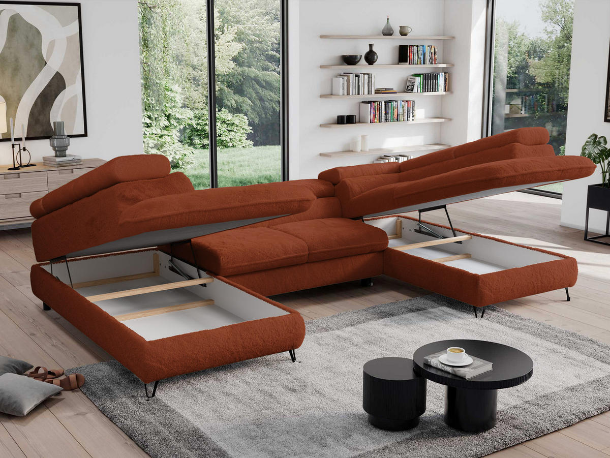 WOHNLANDSCHAFT PEDRO U Plüsch Orange - Schwarz/Orange, Textil/Metall (346/76/208cm) - MKS