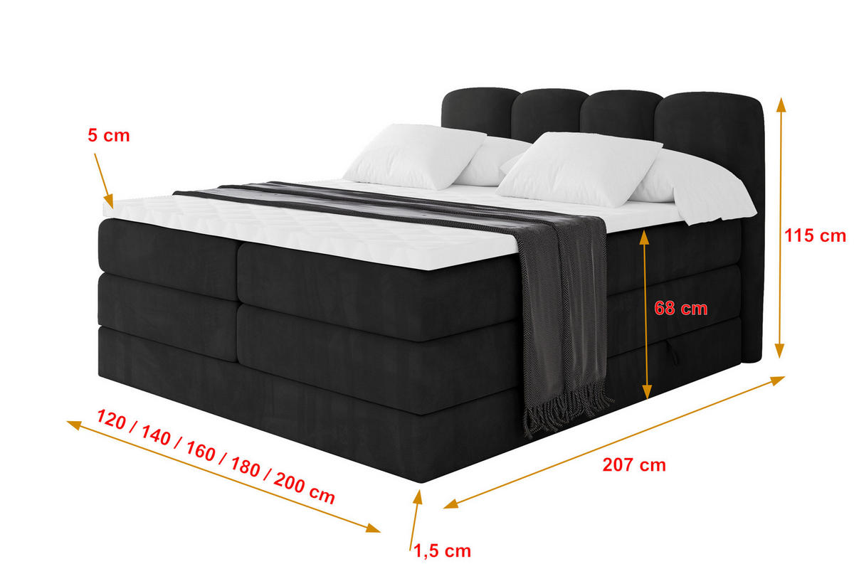 BOXBETT mit Matratze H3|H4 - NINA KING - 160x200 cm - Schwarz - Schwarz Hochglanz, Holzwerkstoff (160/200cm) - ALTDECOR