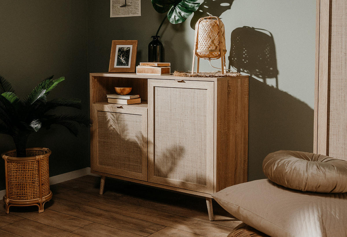 KOMMODE Eiche Sonoma, Bast-Dekor 102 cm, Anrichte skandinavisch - Eichefarben, Holz/Holzwerkstoff (102/87/40cm) - Furn.Design