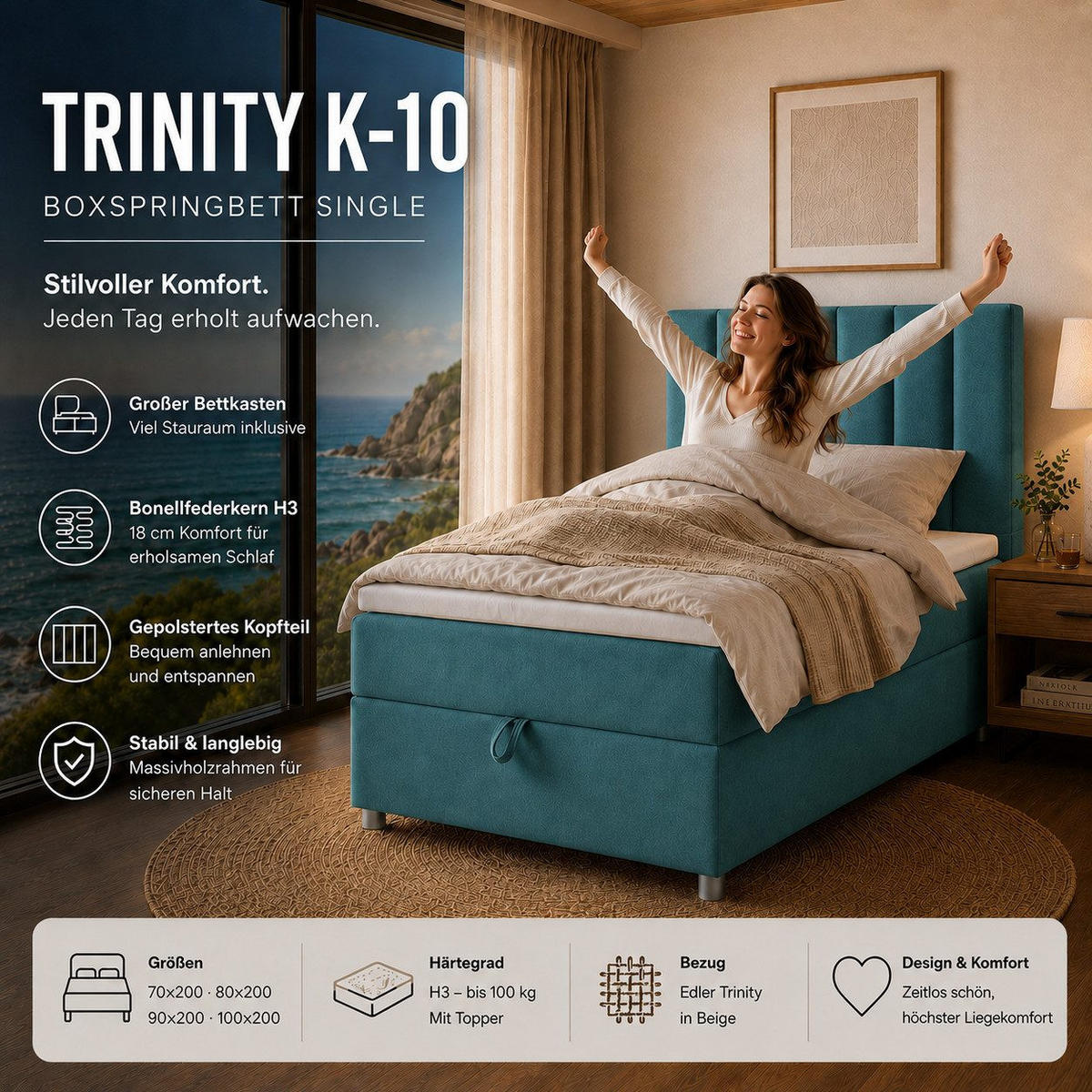 BOXBETT mit Bettkasten Trinity K10-SINGLE Bonellfederkern inkl. Topper - Hellblau, Holz/Holzwerkstoff (80/200cm) - Best For Home