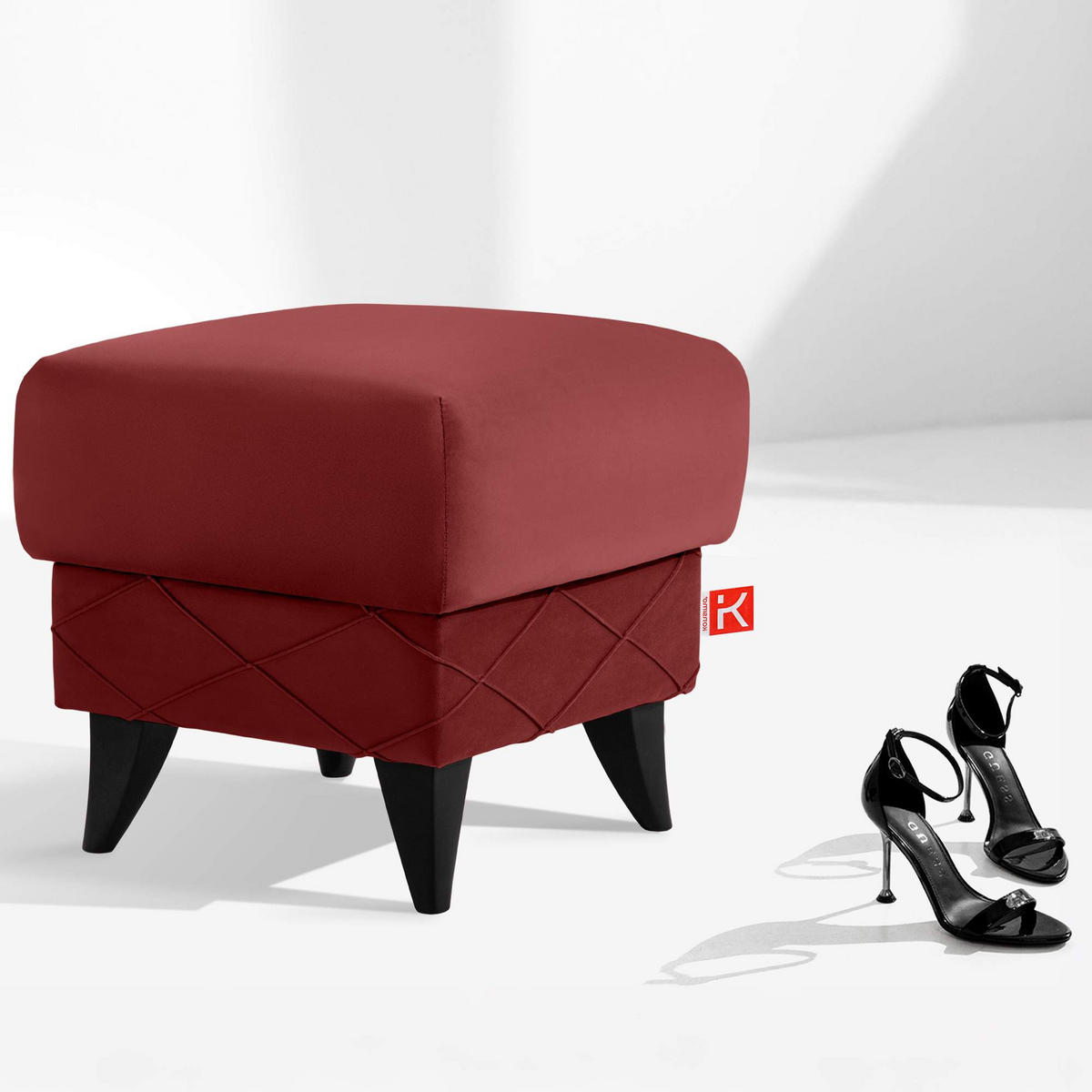 HOCKER GUSTAVO III Fußstütze, Velours, Bordeaux - Bordeaux, Holz/Holzwerkstoff (53/49/53cm) - KONSIMO®
