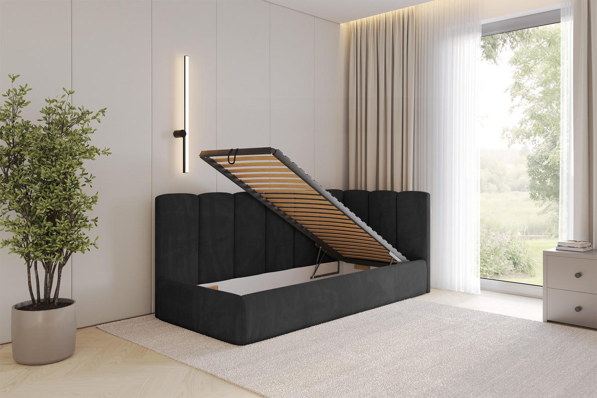 EINZELLBETT Jugendbett mit Bettkasten, Links - DEXY 90x200 Schwarz - Schwarz, Holzwerkstoff/Textil (90/200cm) - ALTDECOR