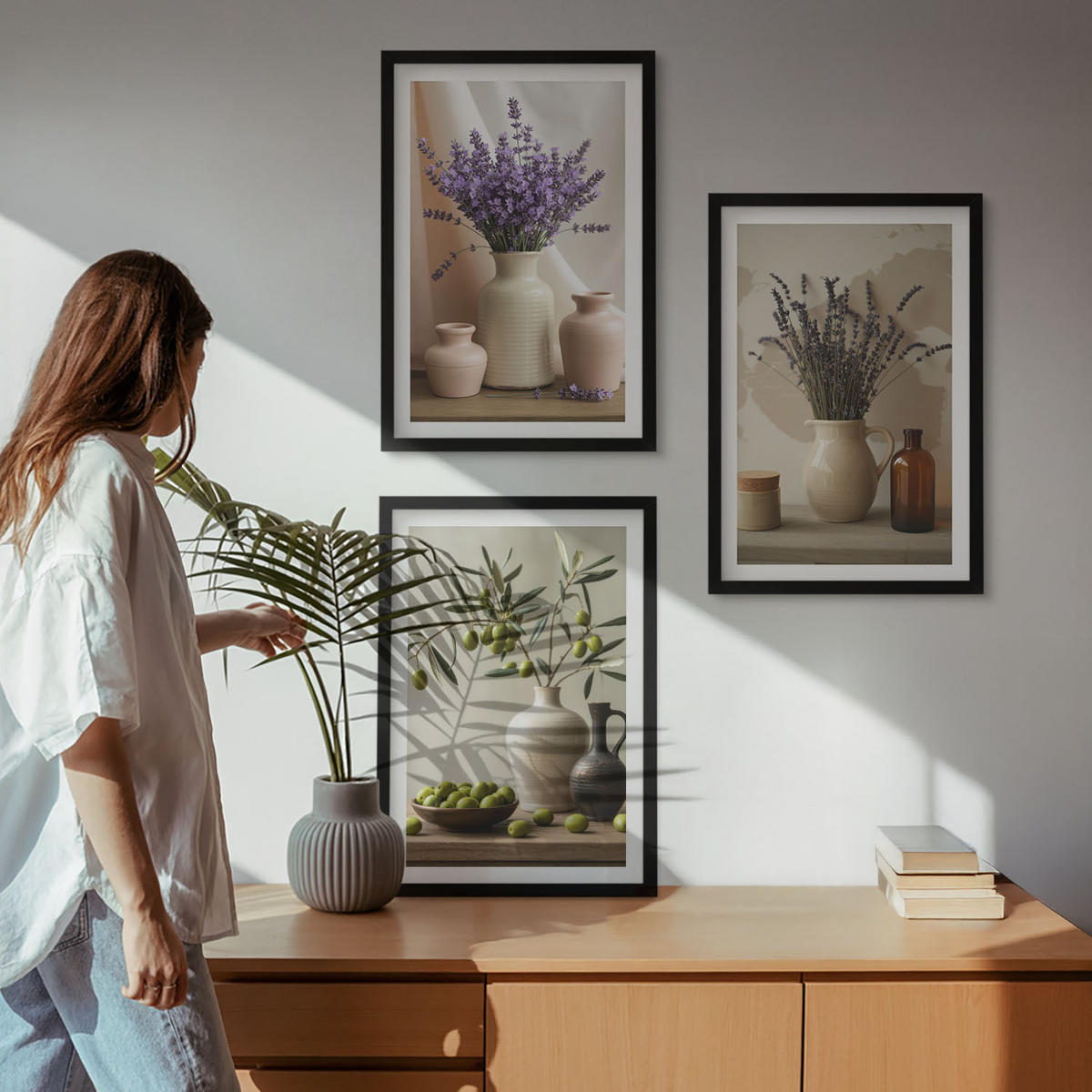 WANDBILDER 3er-Set - 40x60 cm Schwarzer Rahmen - Lavendelblüten, Oliven, Gefäße - Schwarz, Kunststoff (40/60cm) - ArtPrintCave