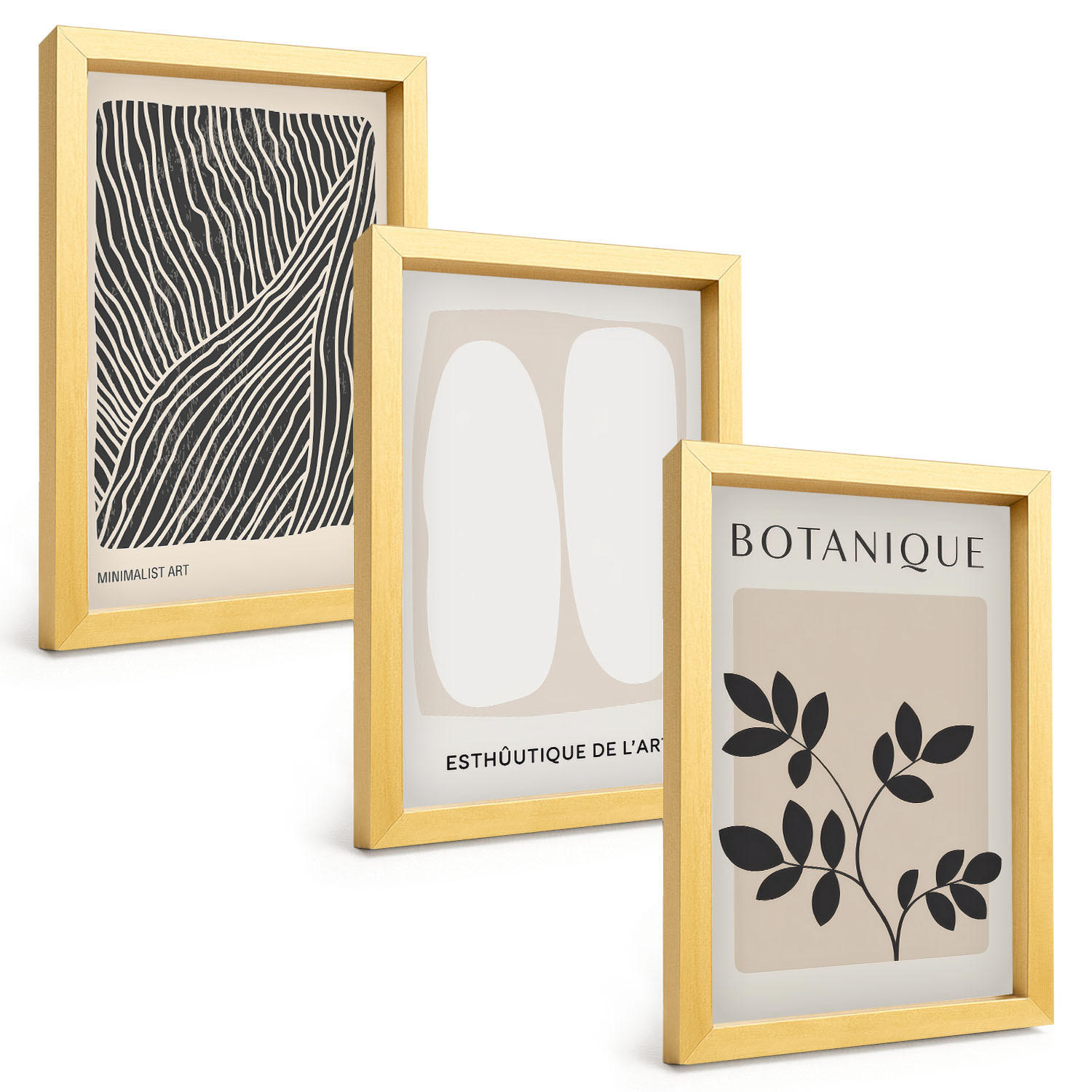 BILDER SET 3er Set - 20x30 cm Goldrahmen - Pflanzenmuster und Linien - Goldfarben, Kunststoff (20/30cm) - TULUP