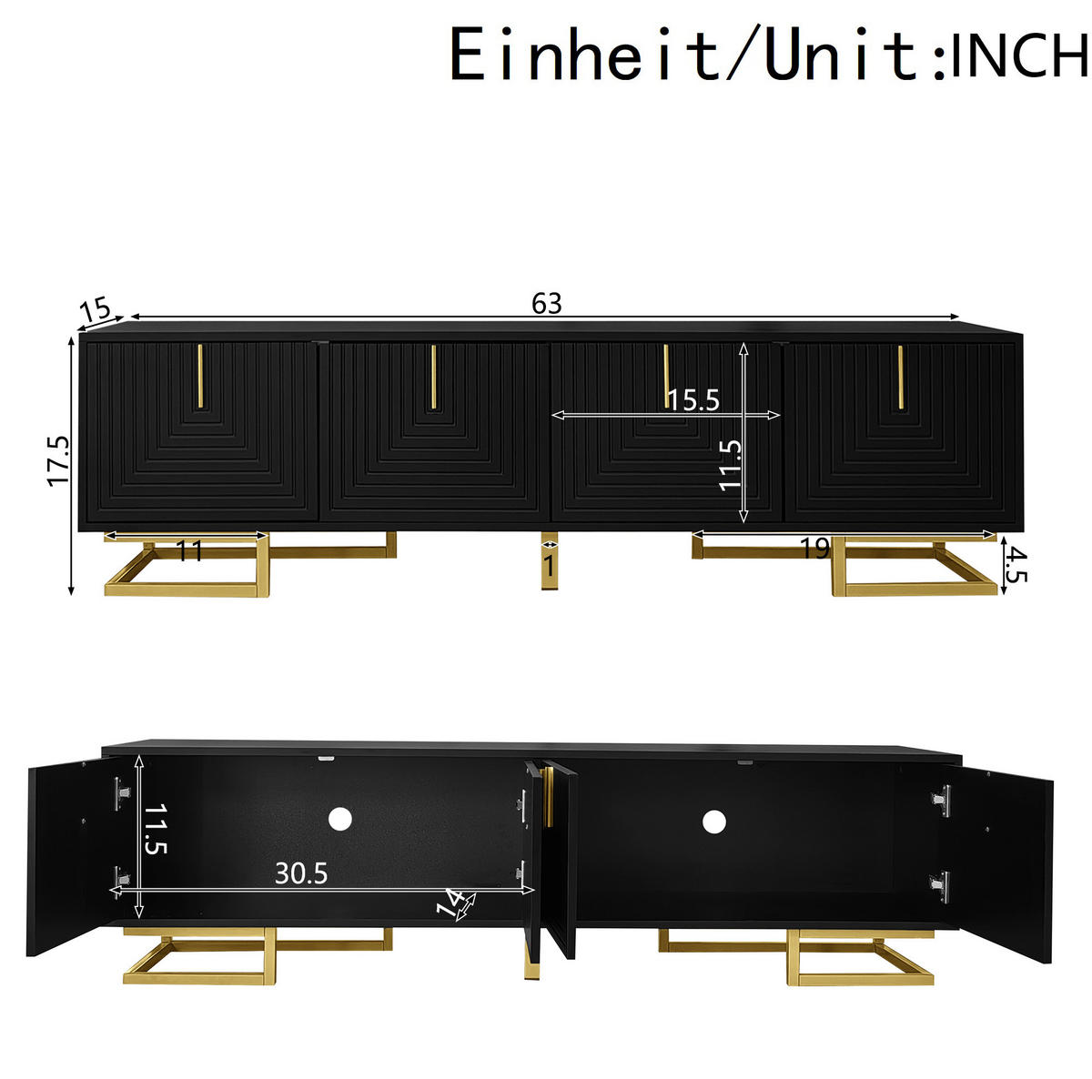 LOWBOARD 160/38/44,5 cm in Schwarz mit 4 Türen und goldfarbenen Metallbeinen - Schwarz, Holzwerkstoff (160/44.5/38cm) - Flora Grace