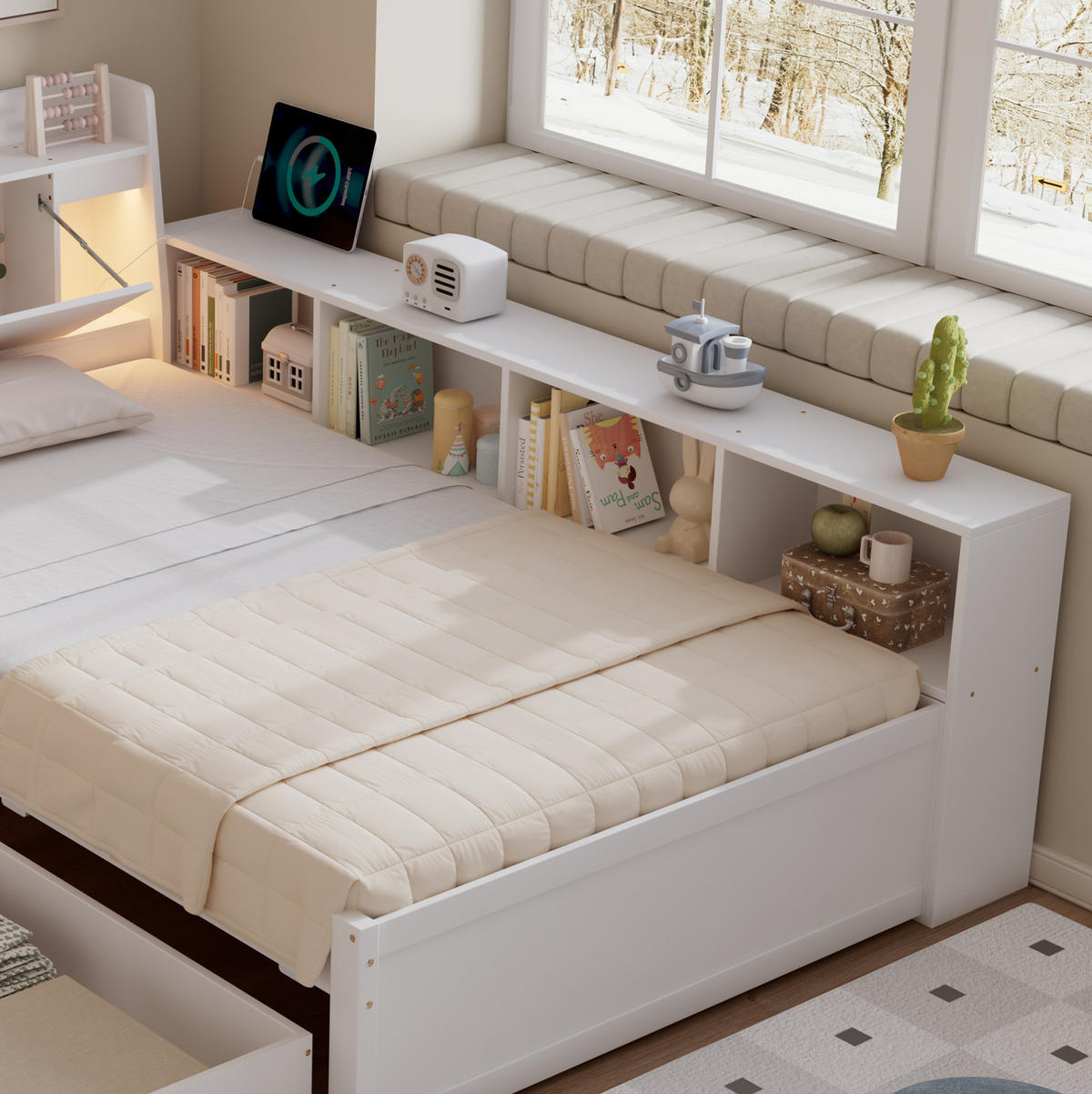 EINZELBETT aus Kiefer, Spanplatte und MDF 90x200 cm Weiß mit Stauraum, Leuchten und Ladebuchse - Weiß, Holzwerkstoff (90/200cm) - IVMEU