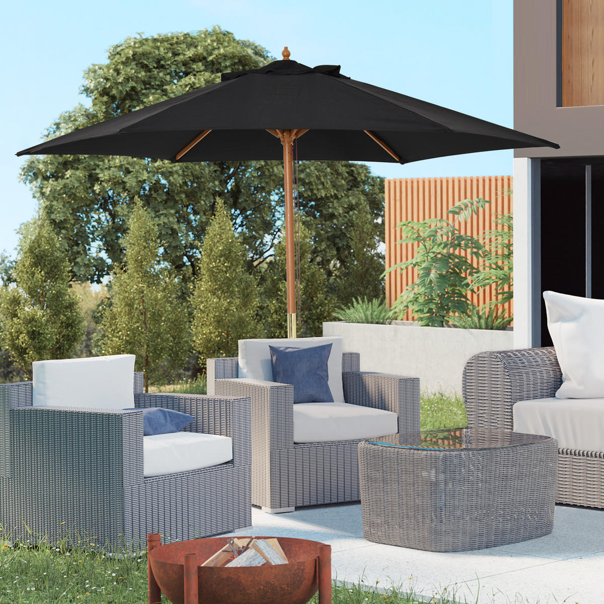 SONNENSCHIRM, Bambus+Tannenholz, Schwarz - Schwarz, Naturmaterialen/Holz (250/250cm) - Outsunny
