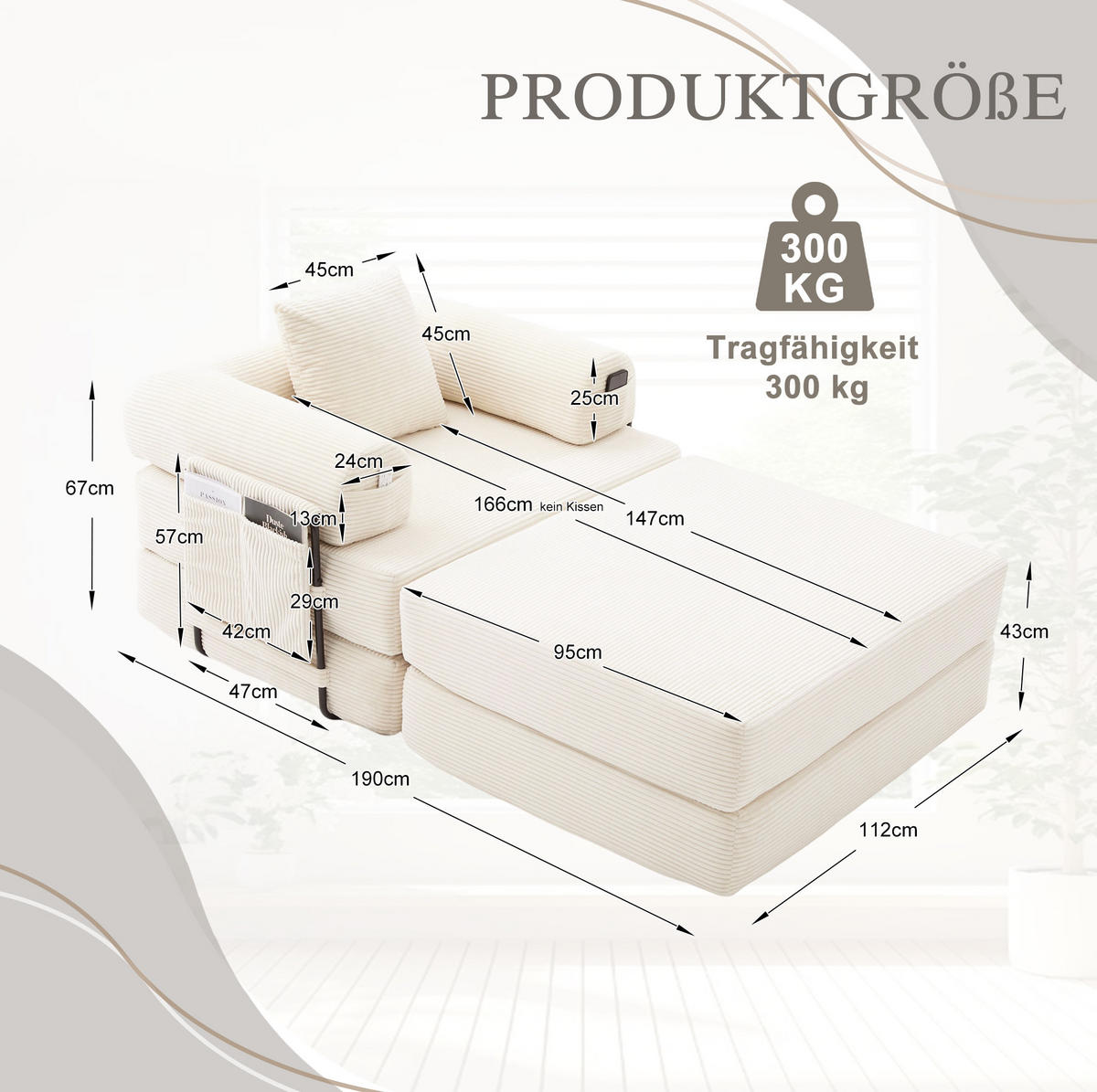 SESSEL mit Hocker 112/190/67 cm montagelos, mit Seitentasche, Kissen und modularem Design, Beige - Beige, Textil (190/67/112cm) - Redom