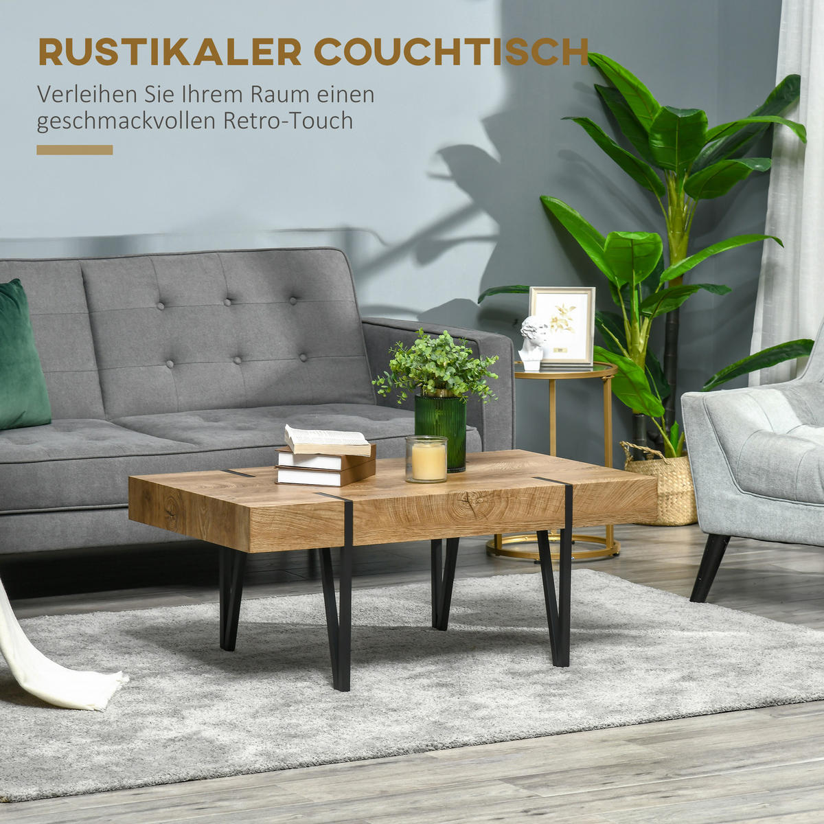 COUCHTISCH Beistelltisch Kaffeetisch mit verstellbaren Fußstützen Sofatisch - Naturfarben, Kunststoff (105/60/42cm) - HOMCOM