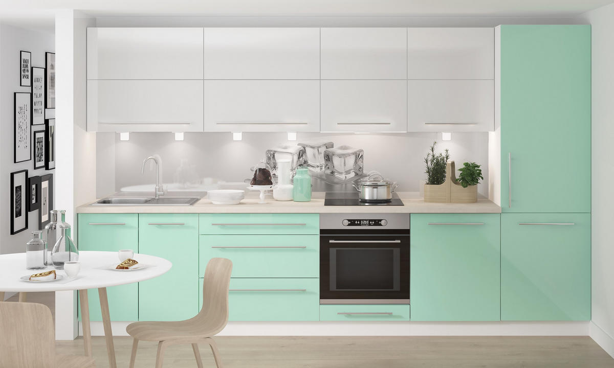 KÜCHENLEERBLOCK Brerra Cdb lichtgrün / reinweiß lackiert / weiß matt 9-teilig - Weiß/Grün, Holzwerkstoff (340/207/50cm) - Feldmann-Wohnen