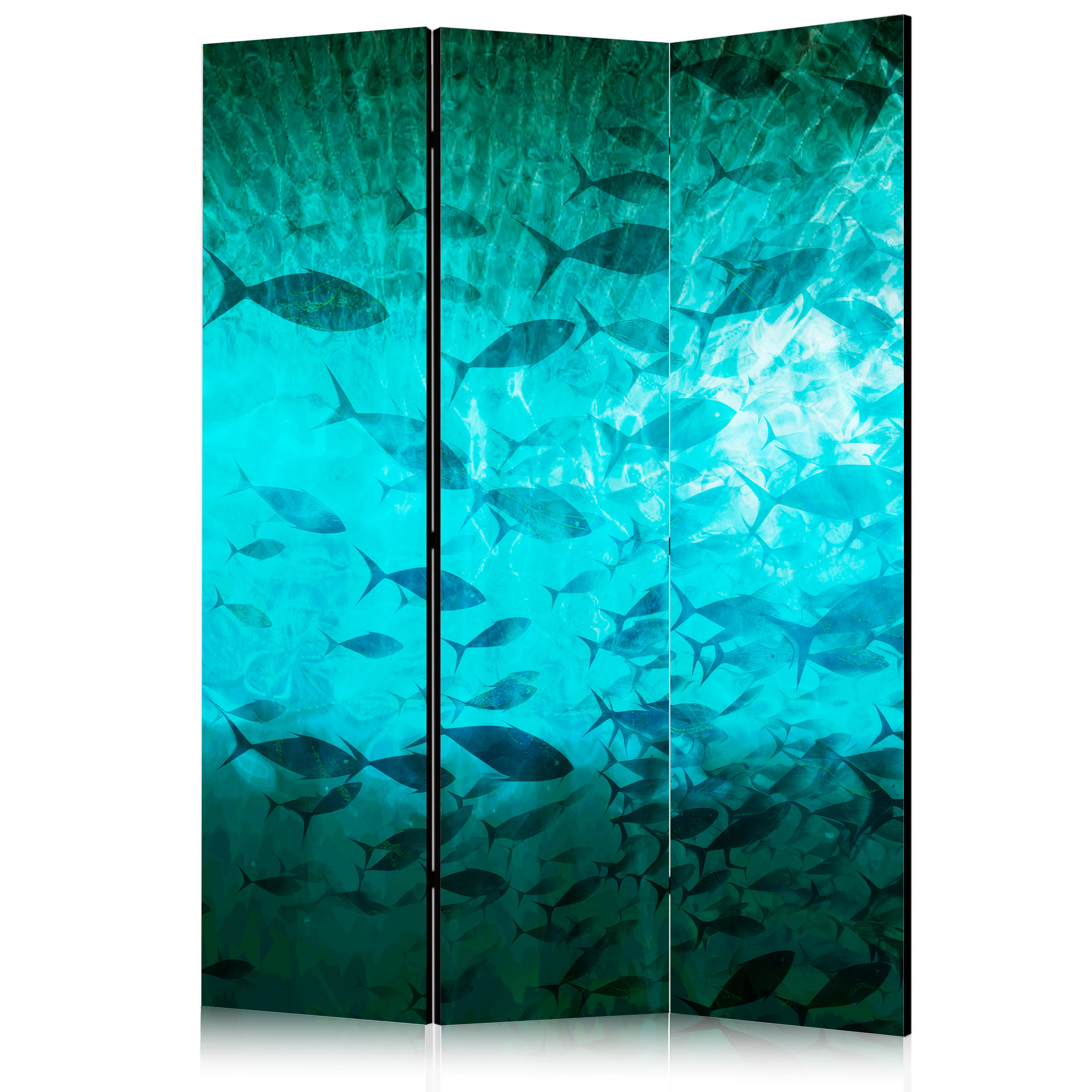 PARAVENT Akustik 3-tlg 135x172 cm Fischschwarm Natur - Blau, Holz/Textil (135/172/3cm) - Muralo