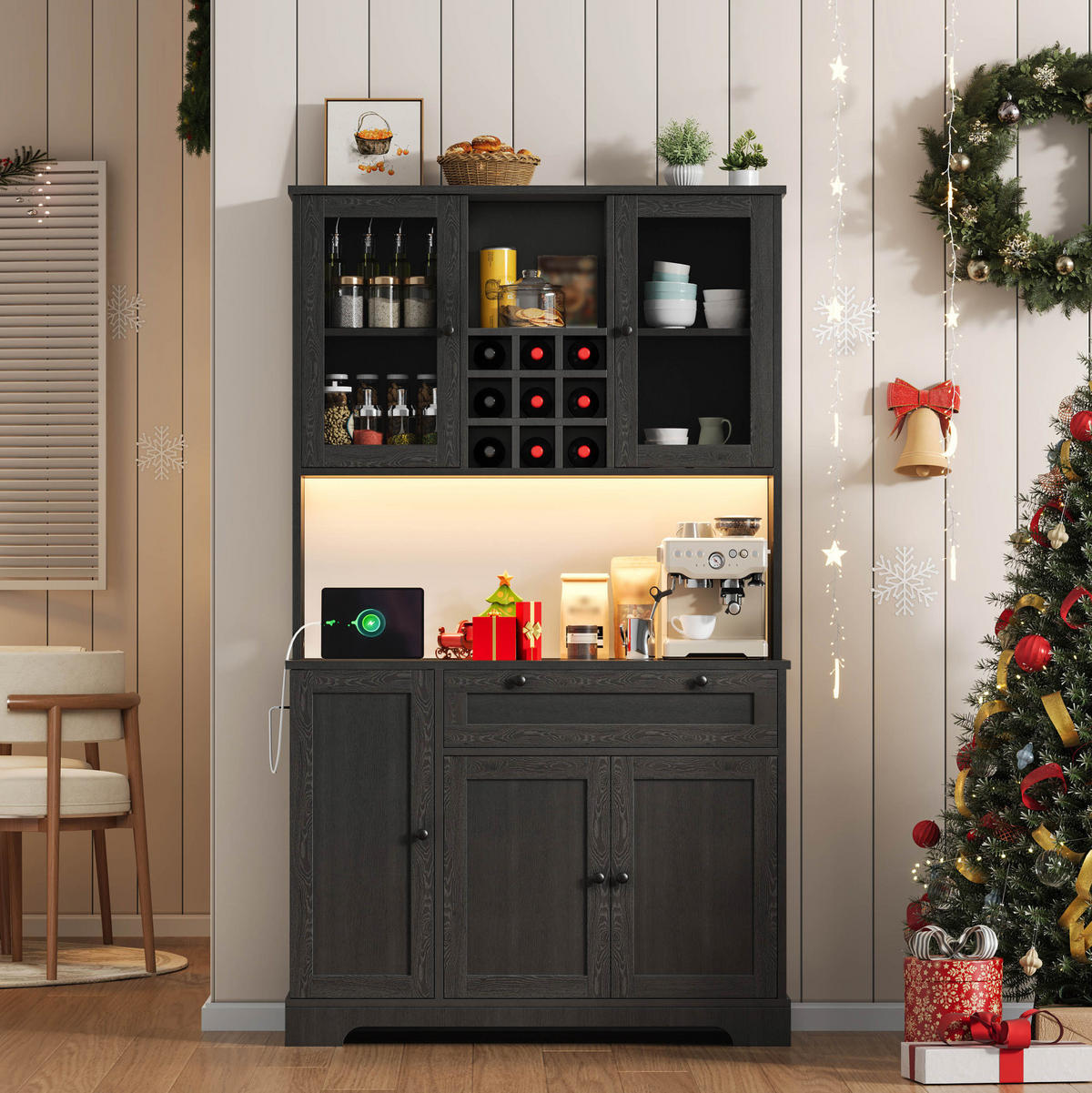 BUFFET 180/105/40 cm in Schwarz mit LED-Beleuchtung und Steckdosenleiste - Schwarz, Holzwerkstoff (105/180/40cm) - Flora Grace